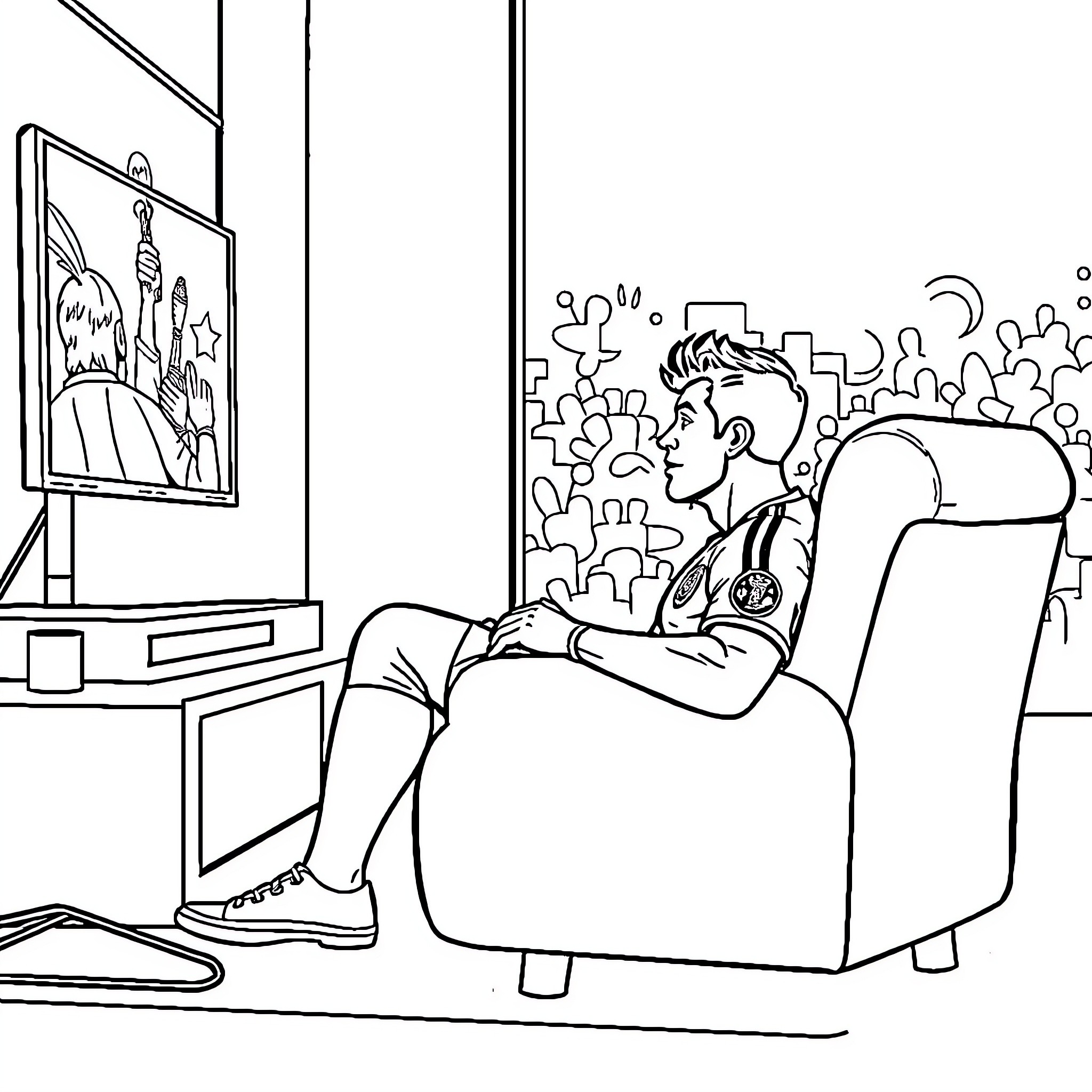 Ronaldo watching TV in a comfortable chair Coloring Page (free black-and-white line drawing printable PDF for all, from beginners to advanced learners, including children, teens, adults, and seniors)