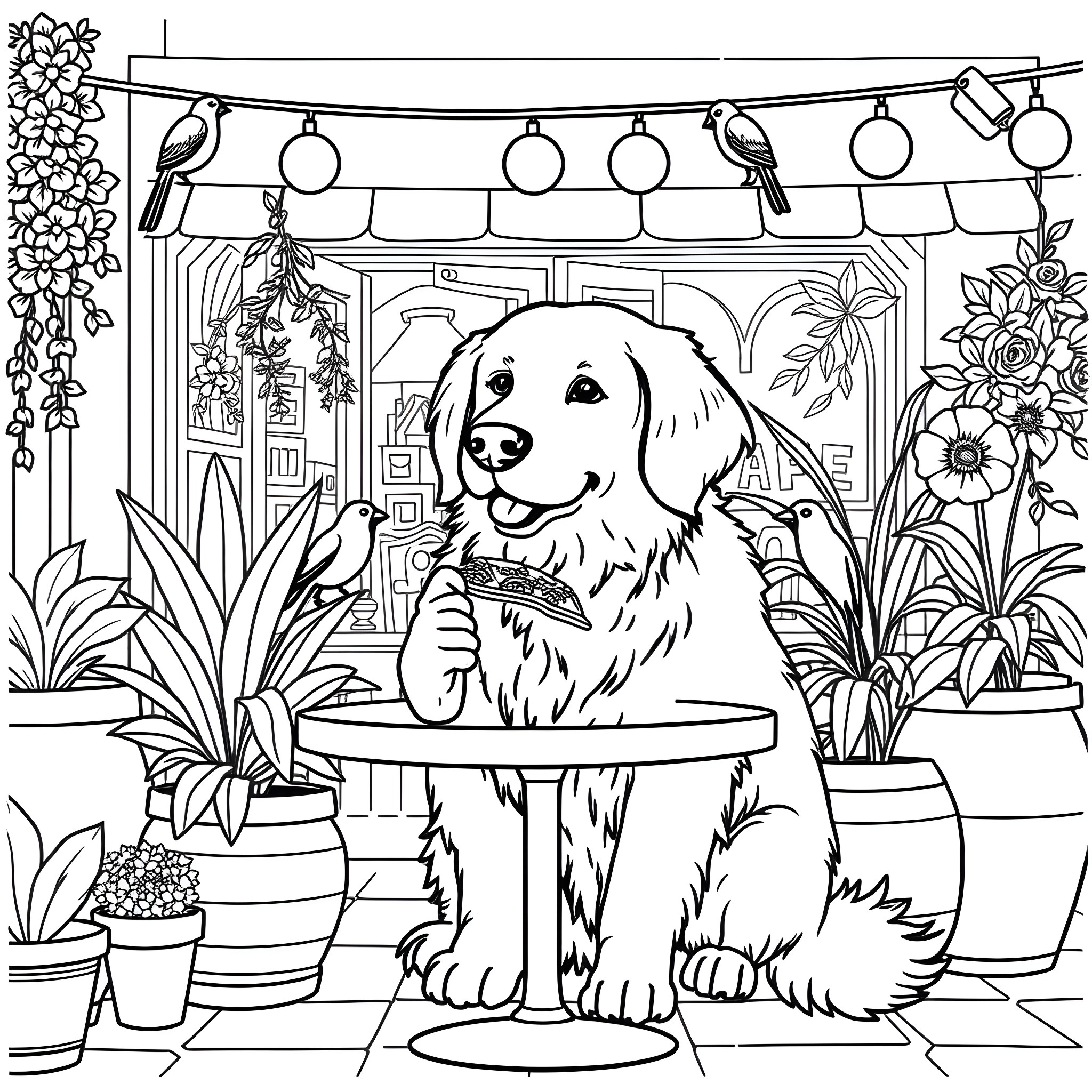 Pompompurin enjoying a cozy outdoor scene Coloring Page (free black-and-white line drawing printable PDF for all, from beginners to advanced learners, including children, teens, adults, and seniors)