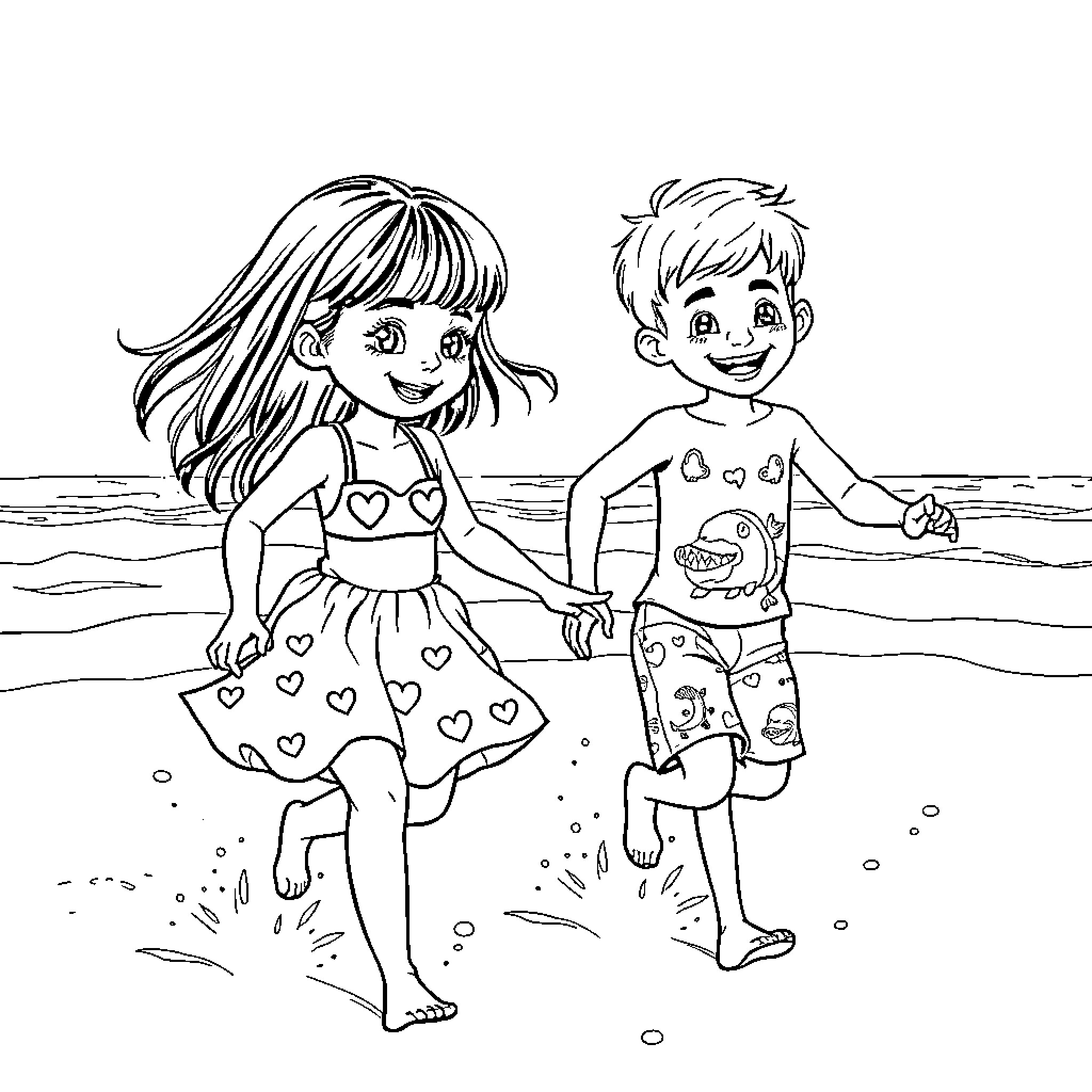 Niños playing happily on the beach Coloring Page (free black-and-white line drawing printable PDF for all, from beginners to advanced learners, including children, teens, adults, and seniors)