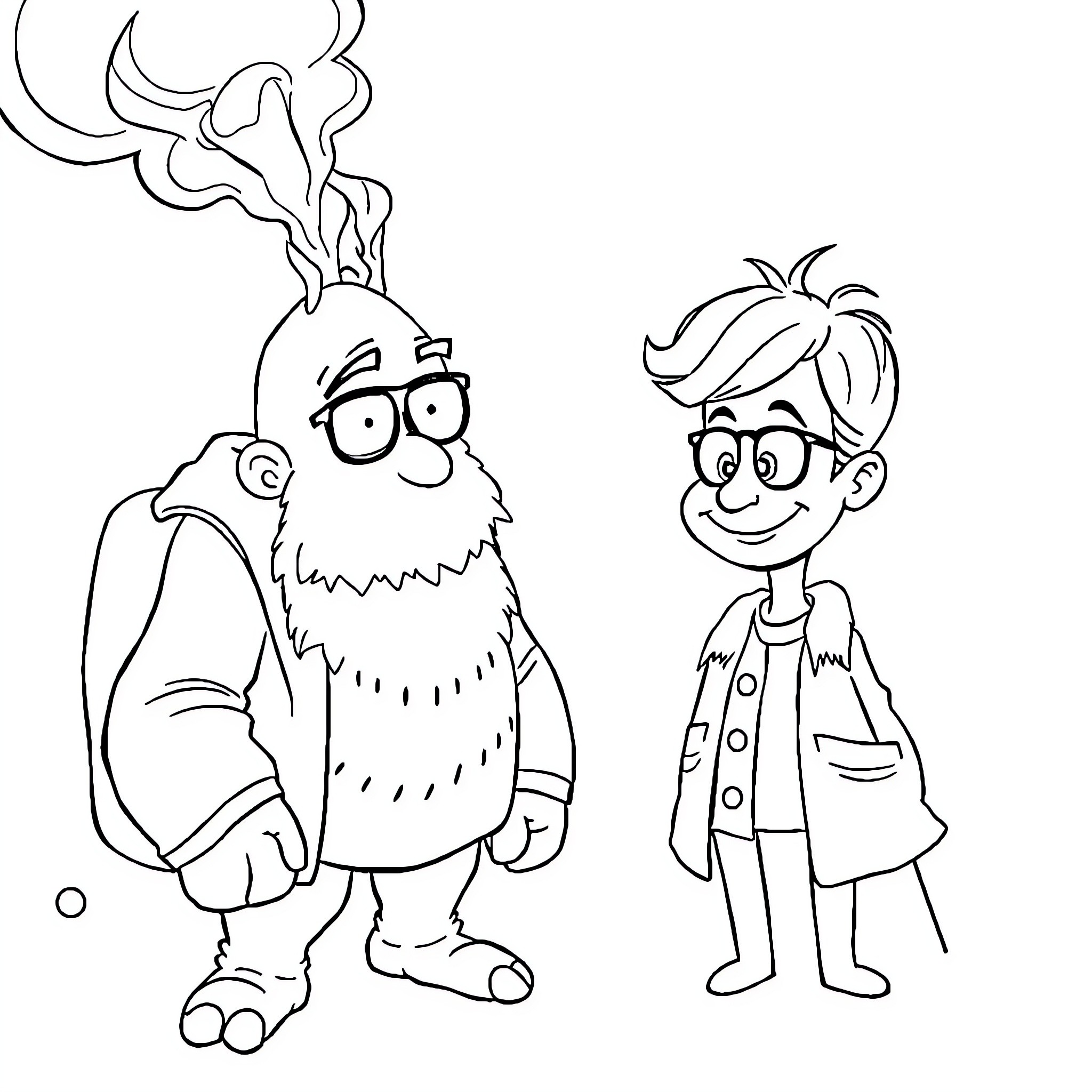 CGT Quirky Creatures in Comical Conversation Coloring Page (free black-and-white line drawing printable PDF for all, from beginners to advanced learners, including children, teens, adults, and seniors)