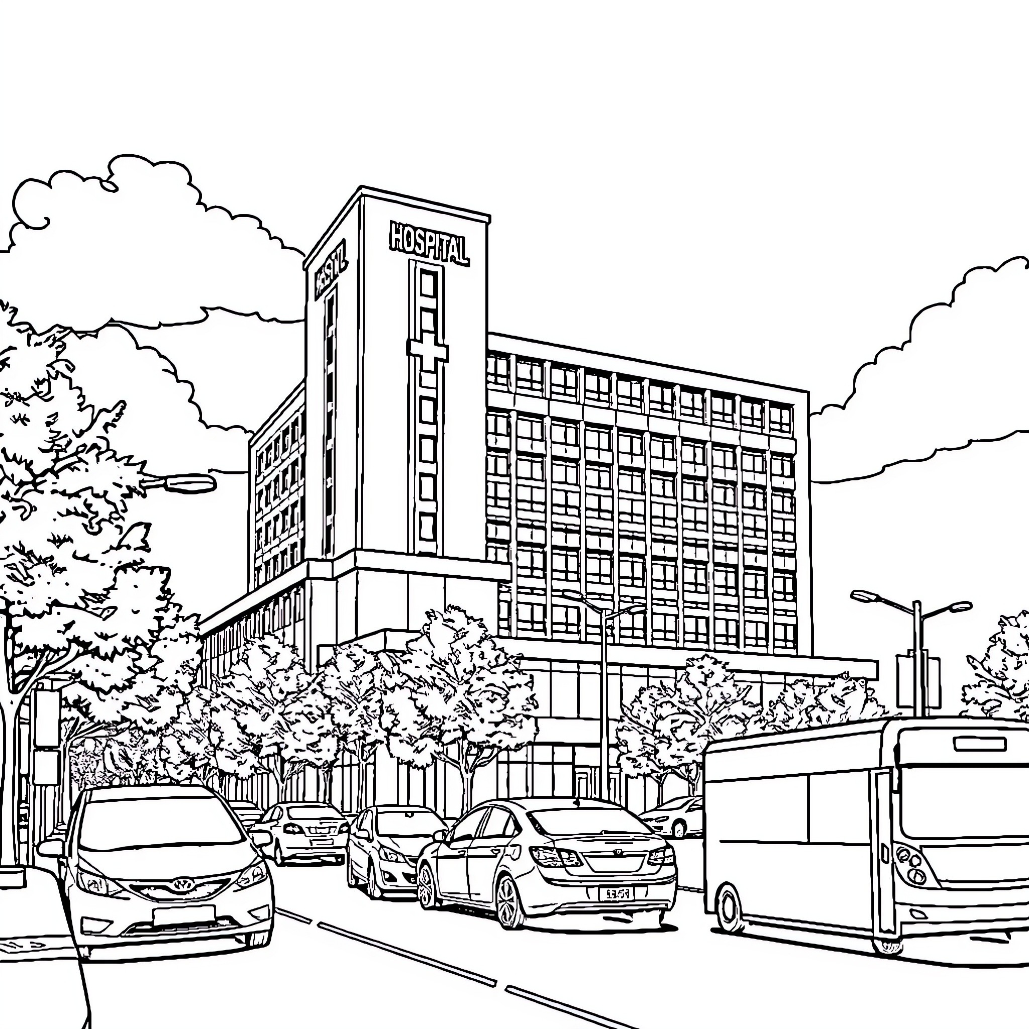 Hospital building with medical staff and patients Coloring Page (free black-and-white line drawing printable PDF for all, from beginners to advanced learners, including children, teens, adults, and seniors)