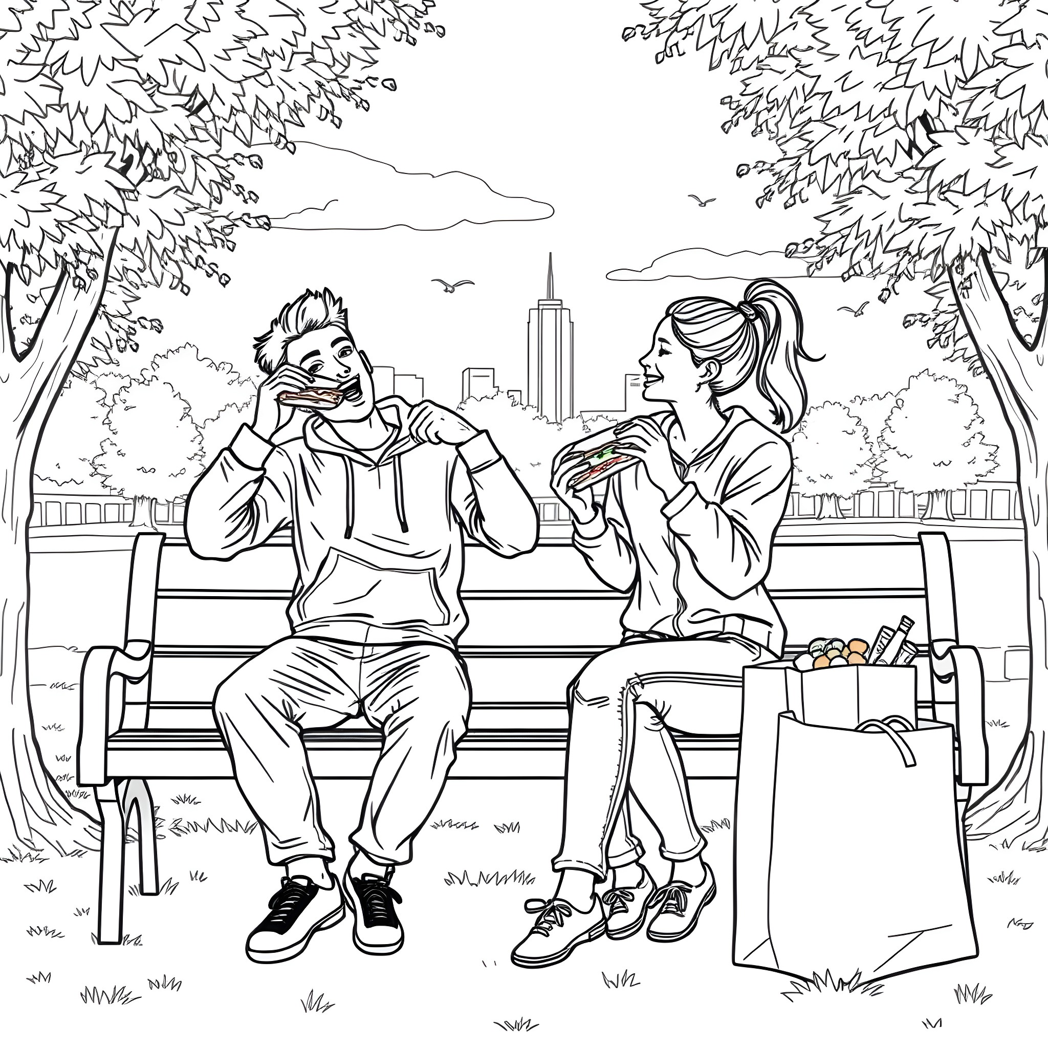 Young Couple Enjoying a Peaceful Park Moment Coloring Page (free black-and-white line drawing printable PDF for all, from beginners to advanced learners, including children, teens, adults, and seniors)