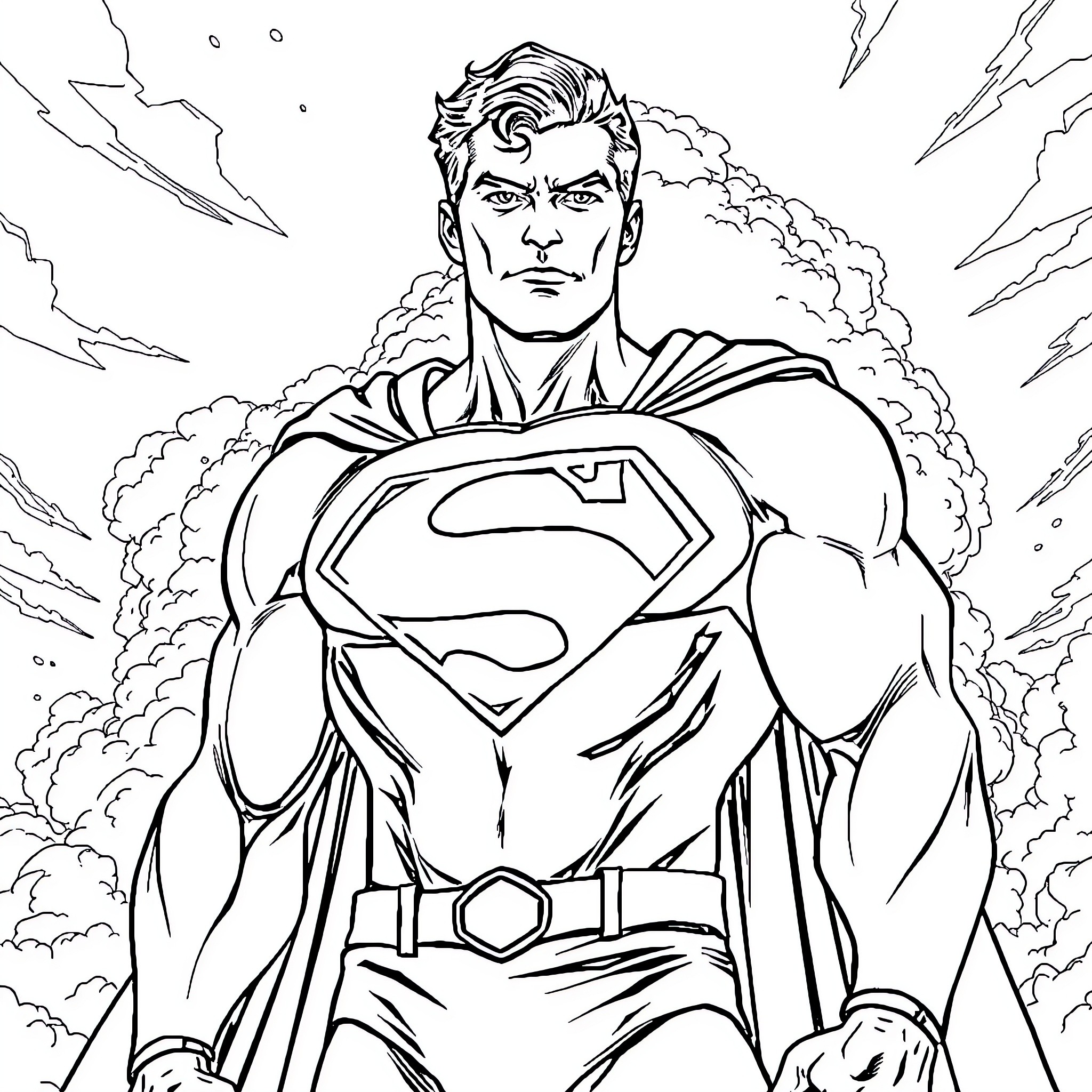Superman in Action-Packed Superhero Pose Coloring Page (free black-and-white line drawing printable PDF for all, from beginners to advanced learners, including children, teens, adults, and seniors)