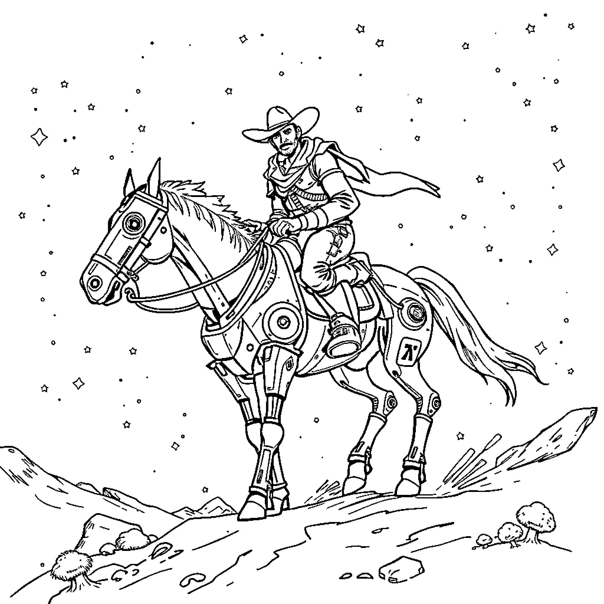 Cowboy riding horse in the starry night Coloring Page (free black-and-white line drawing printable PDF for all, from beginners to advanced learners, including children, teens, adults, and seniors)
