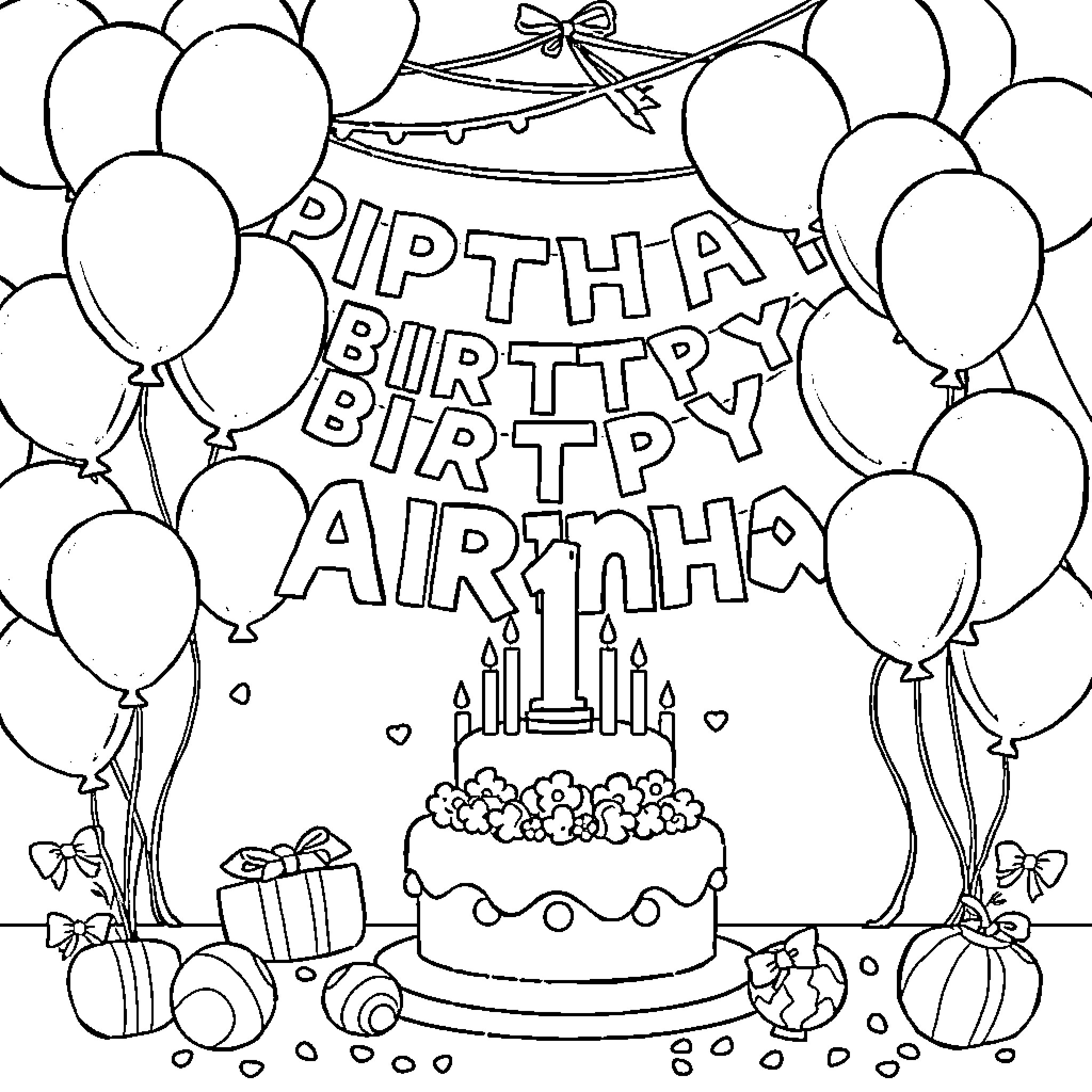 Baby's Birthday Celebration with Balloons and Cake Coloring Page (free black-and-white line drawing printable PDF for all, from beginners to advanced learners, including children, teens, adults, and seniors)