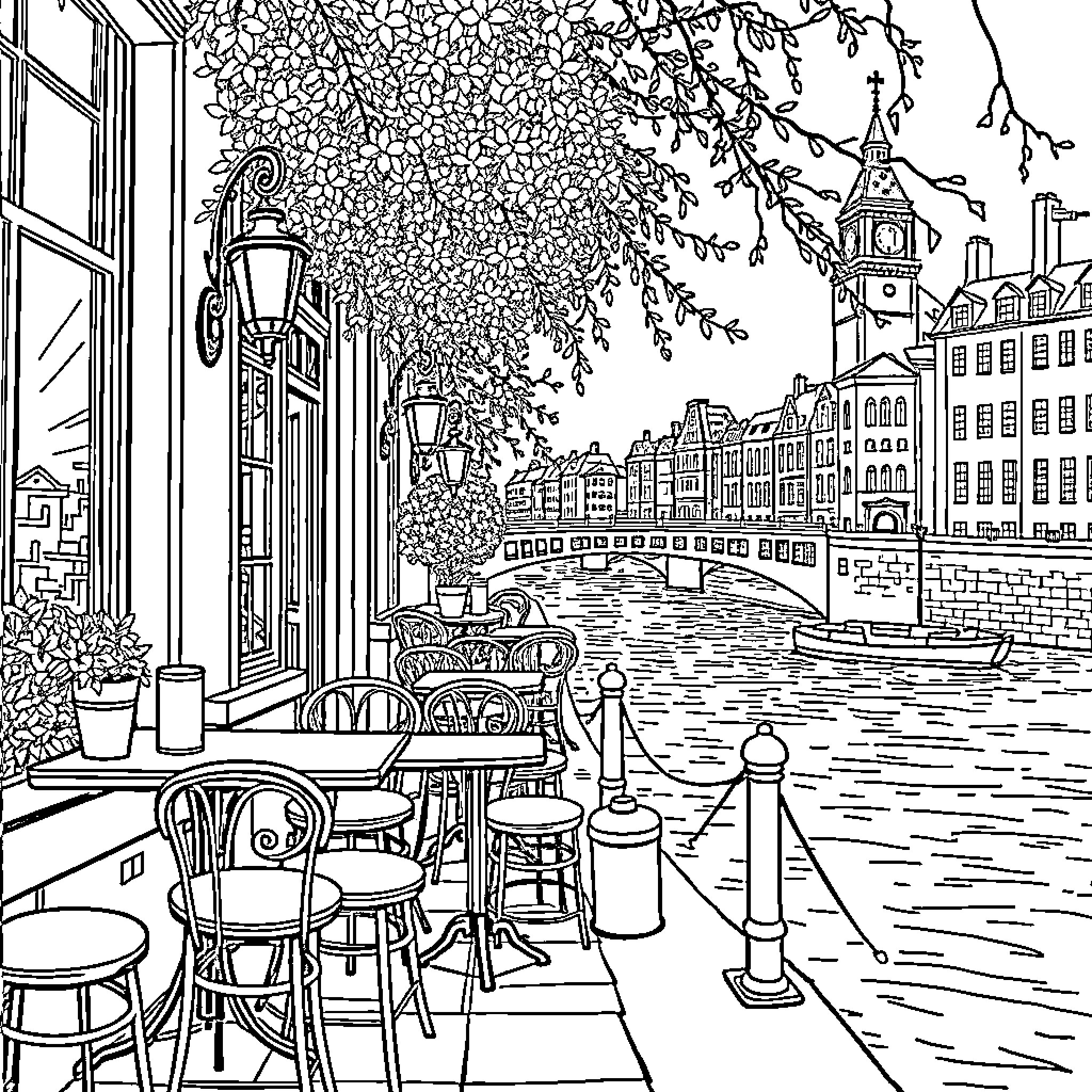 River Cafe Enjoying Outdoor Dining by the Historic City Coloring Page (free black-and-white line drawing printable PDF for all, from beginners to advanced learners, including children, teens, adults, and seniors)