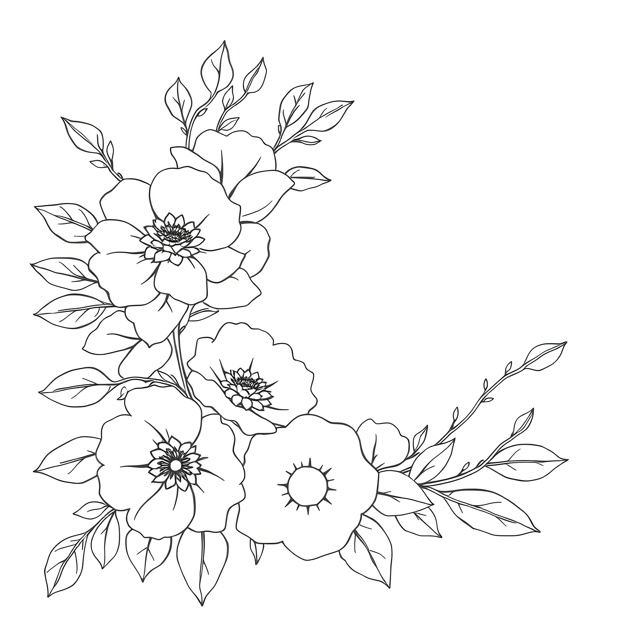 Floral bouquet of hand-drawn flowers Coloring Page (free black-and-white line drawing printable PDF for all, from beginners to advanced learners, including children, teens, adults, and seniors)