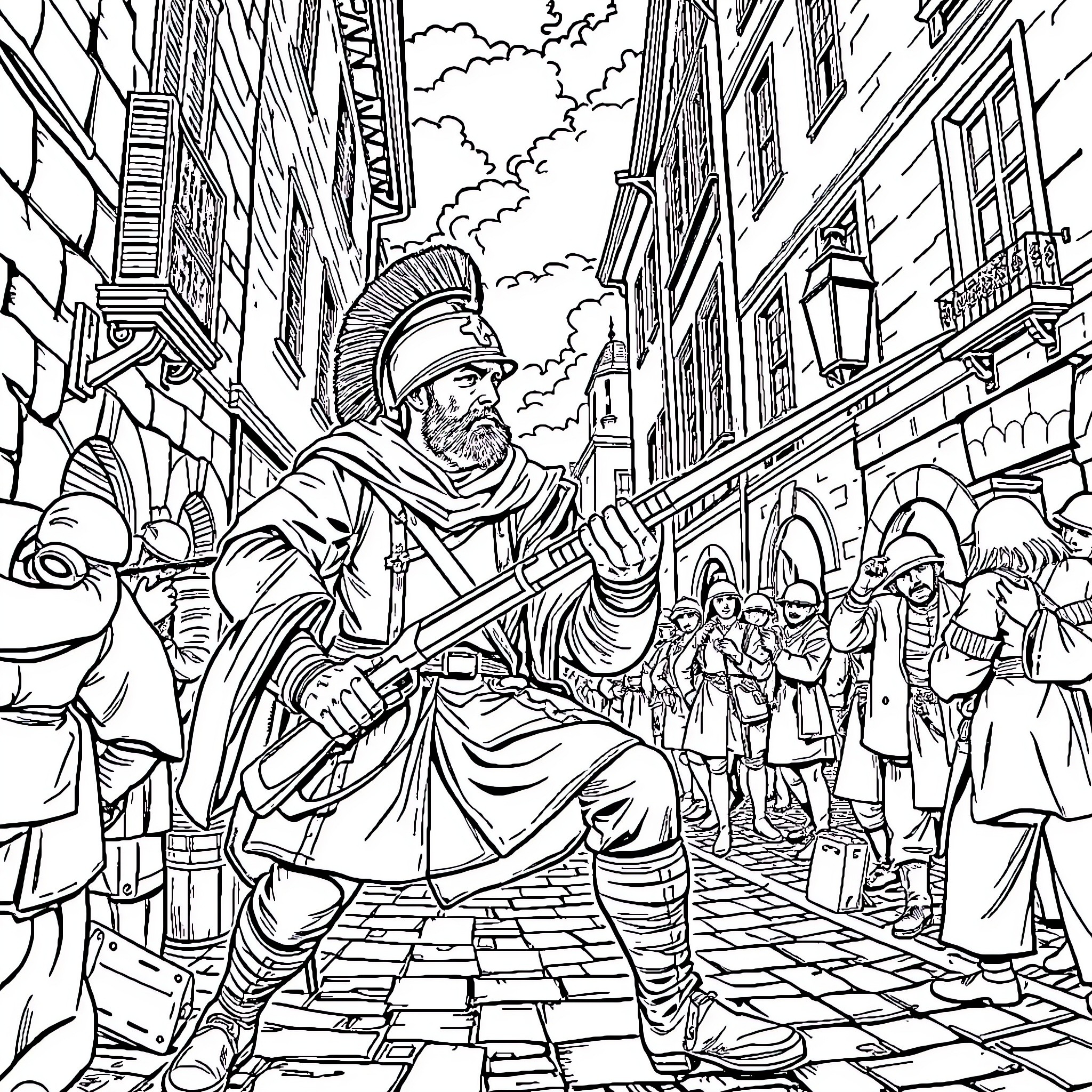 Alsacian Warrior Marching Through City Streets Coloring Page (free black-and-white line drawing printable PDF for all, from beginners to advanced learners, including children, teens, adults, and seniors)