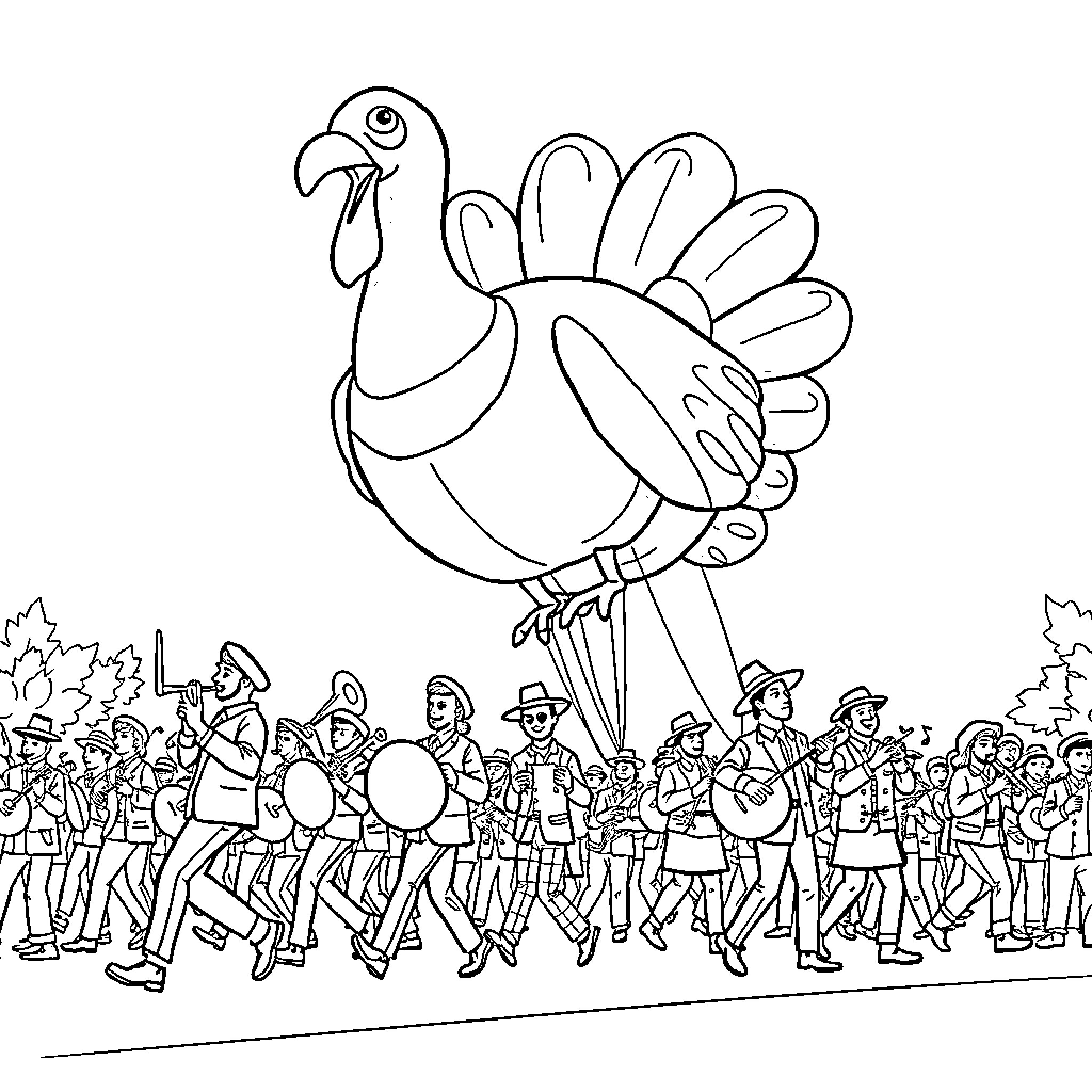 Turkey Parade with Festive Marching Crowd Coloring Page (free black-and-white line drawing printable PDF for all, from beginners to advanced learners, including children, teens, adults, and seniors)