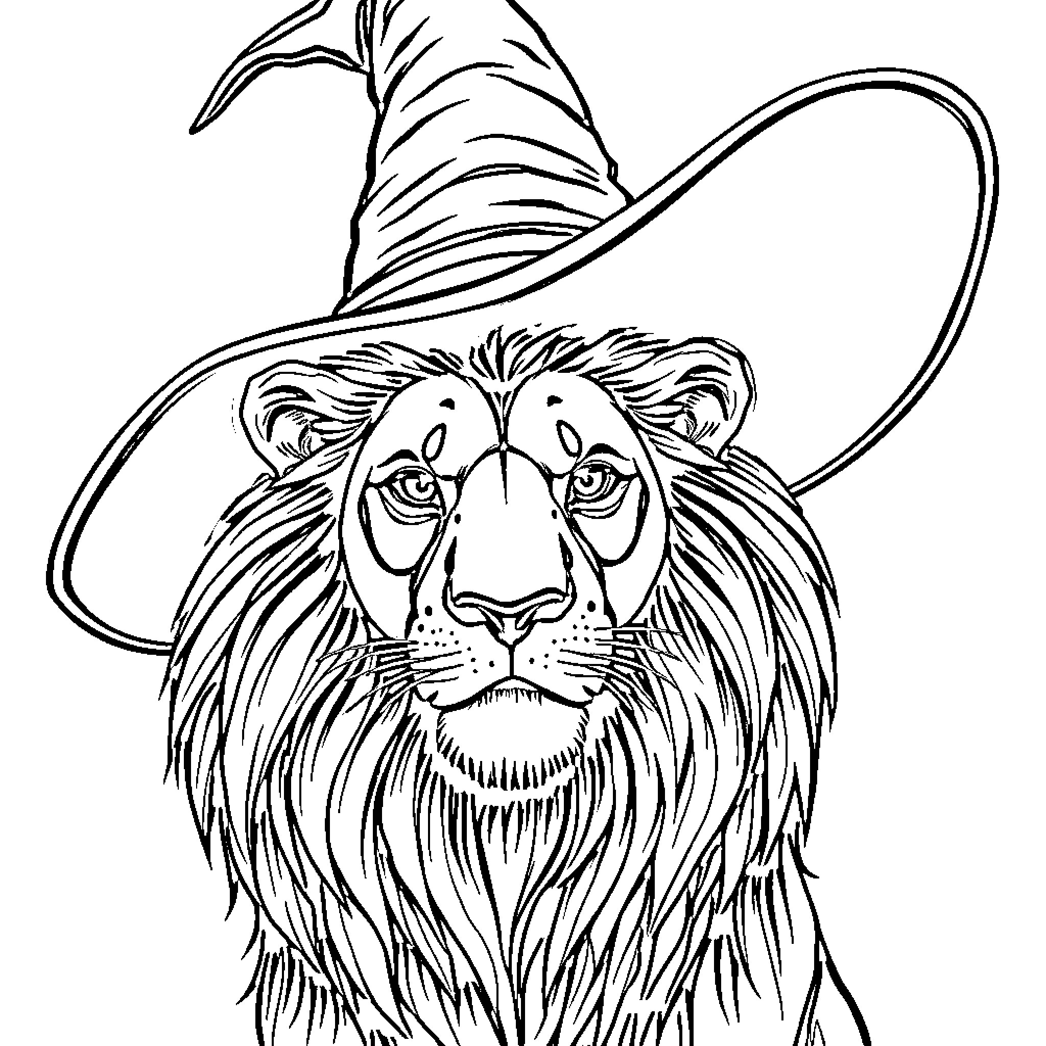 Lion in a Wizard's Hat Coloring Page (free black-and-white line drawing printable PDF for all, from beginners to advanced learners, including children, teens, adults, and seniors)