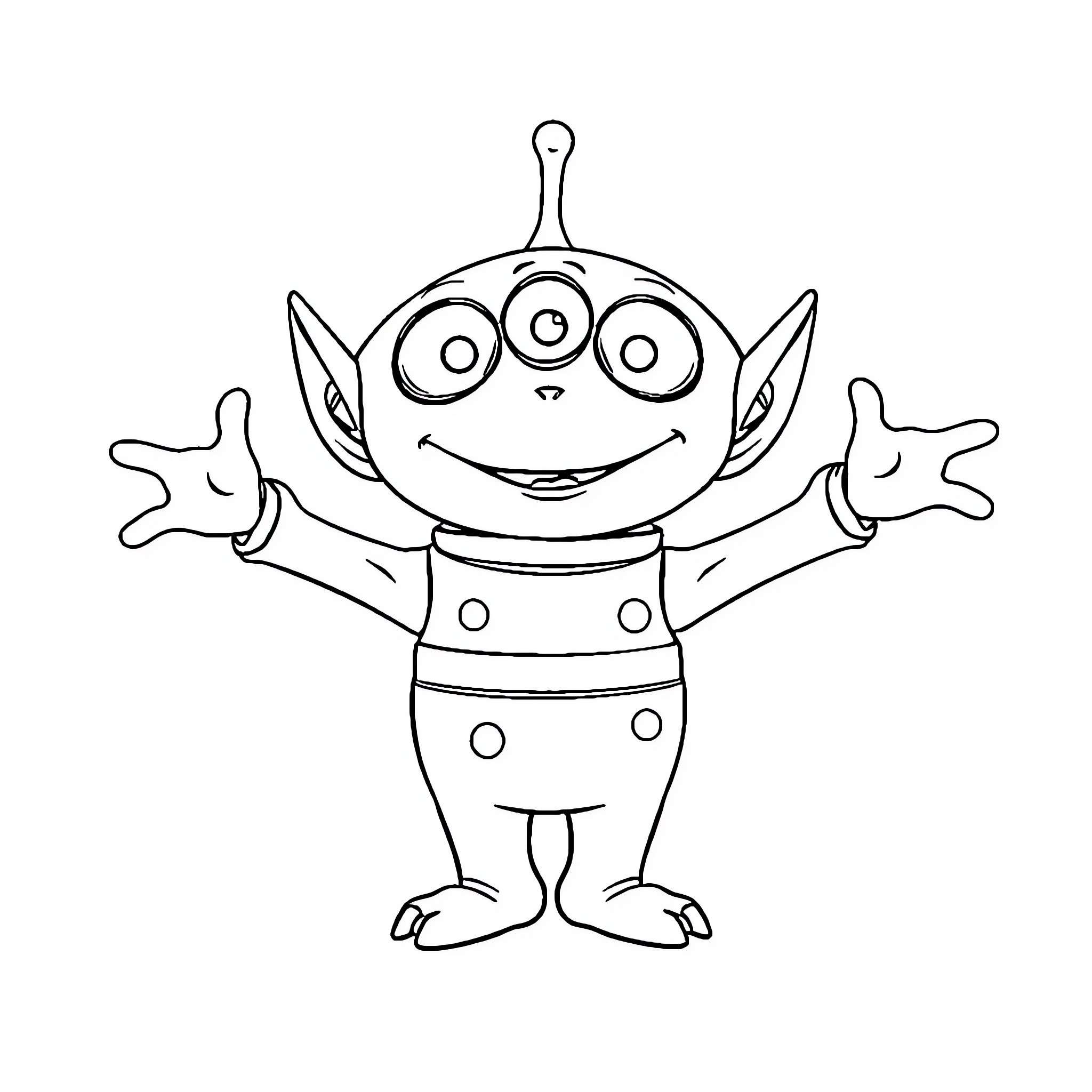 Alien Creature with Cheerful Expression Coloring Page (free black-and-white line drawing printable PDF for all, from beginners to advanced learners, including children, teens, adults, and seniors)