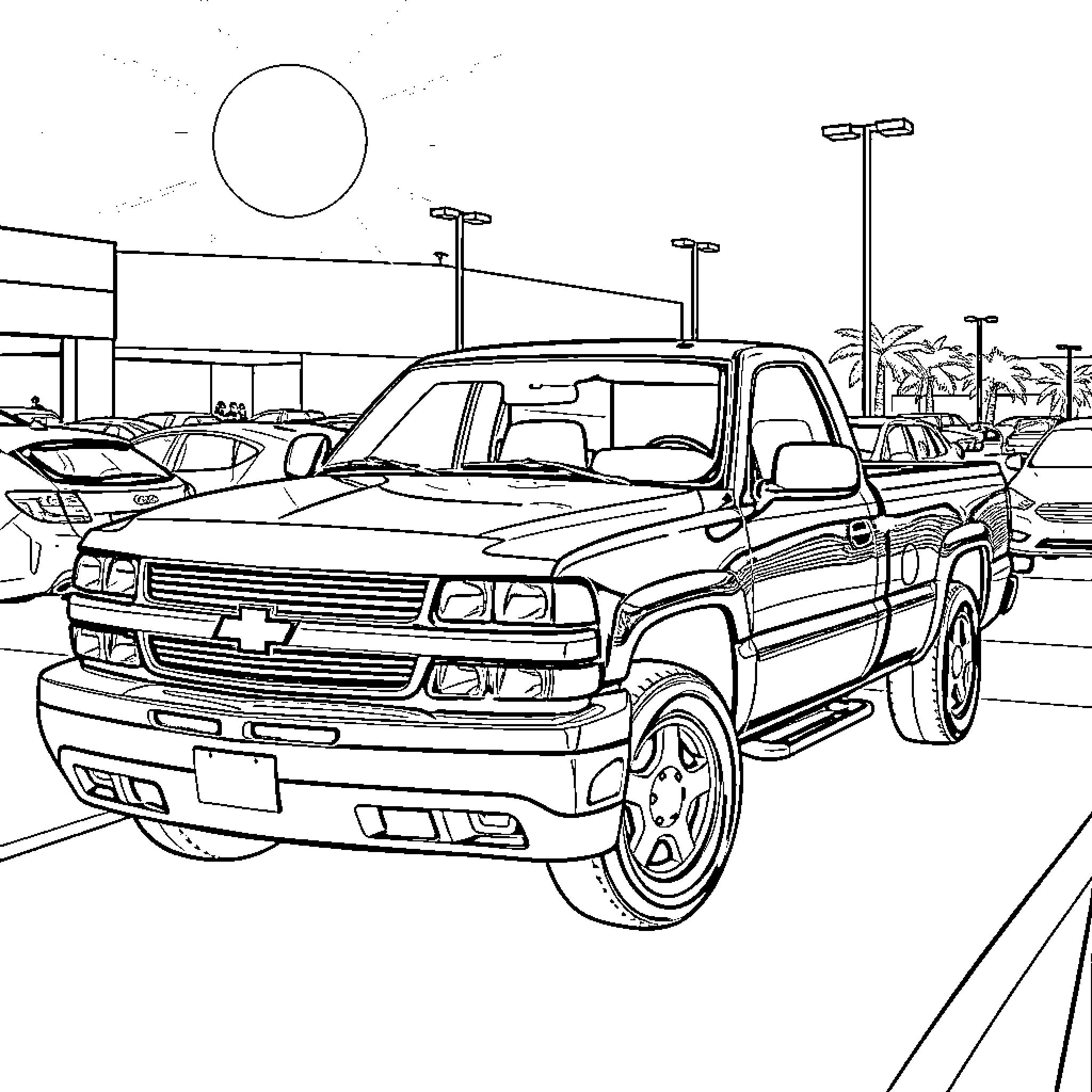 Chevrolet Silverado pickup truck in urban setting Coloring Page (free black-and-white line drawing printable PDF for all, from beginners to advanced learners, including children, teens, adults, and seniors)