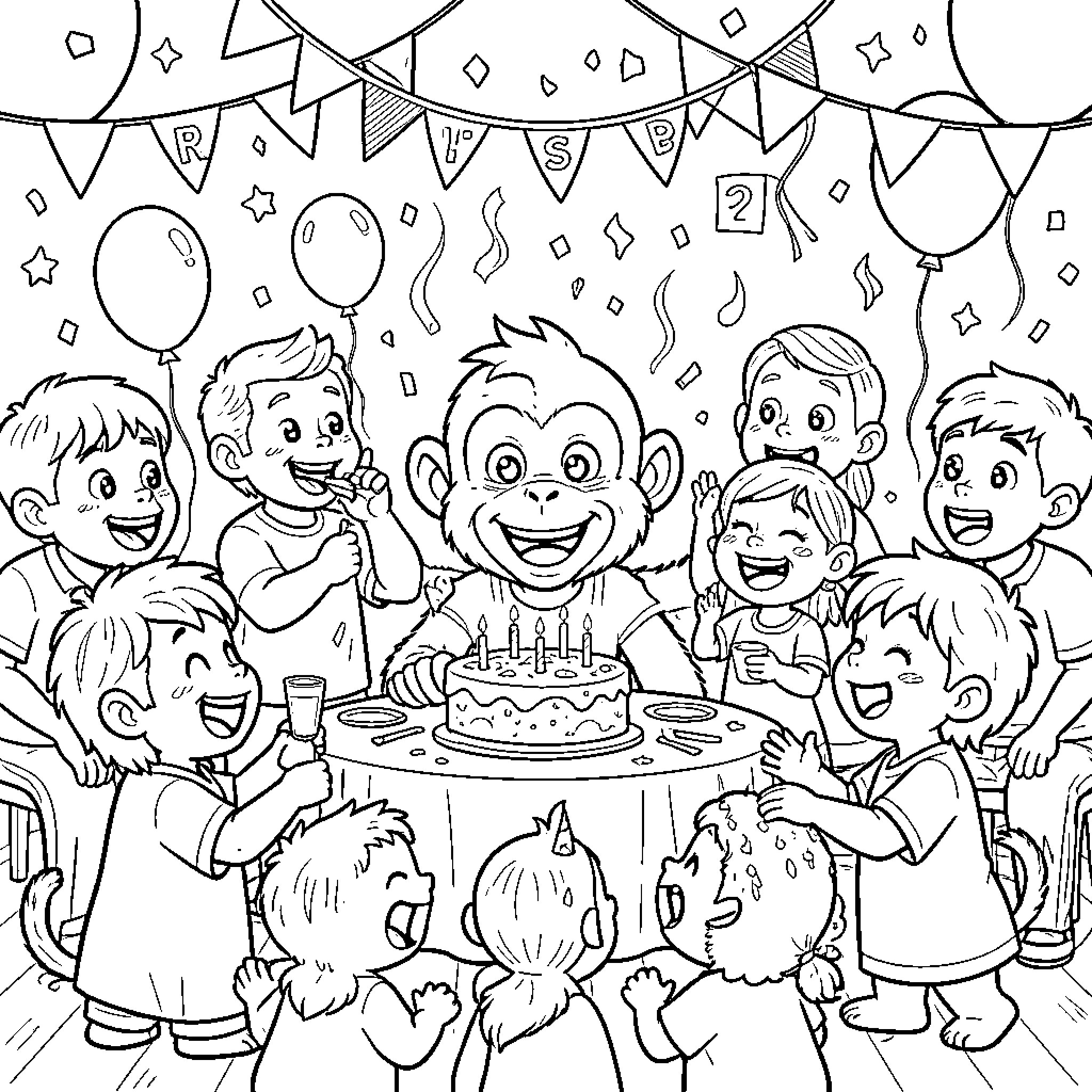 Singing monkey celebrating a birthday with happy children Coloring Page (free black-and-white line drawing printable PDF for all, from beginners to advanced learners, including children, teens, adults, and seniors)