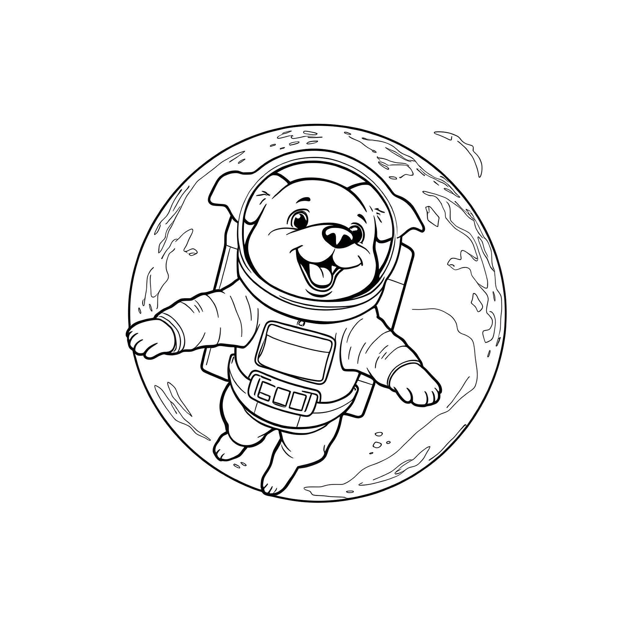 Dog Astronaut Exploring the Planet Coloring Page (free black-and-white line drawing printable PDF for all, from beginners to advanced learners, including children, teens, adults, and seniors)