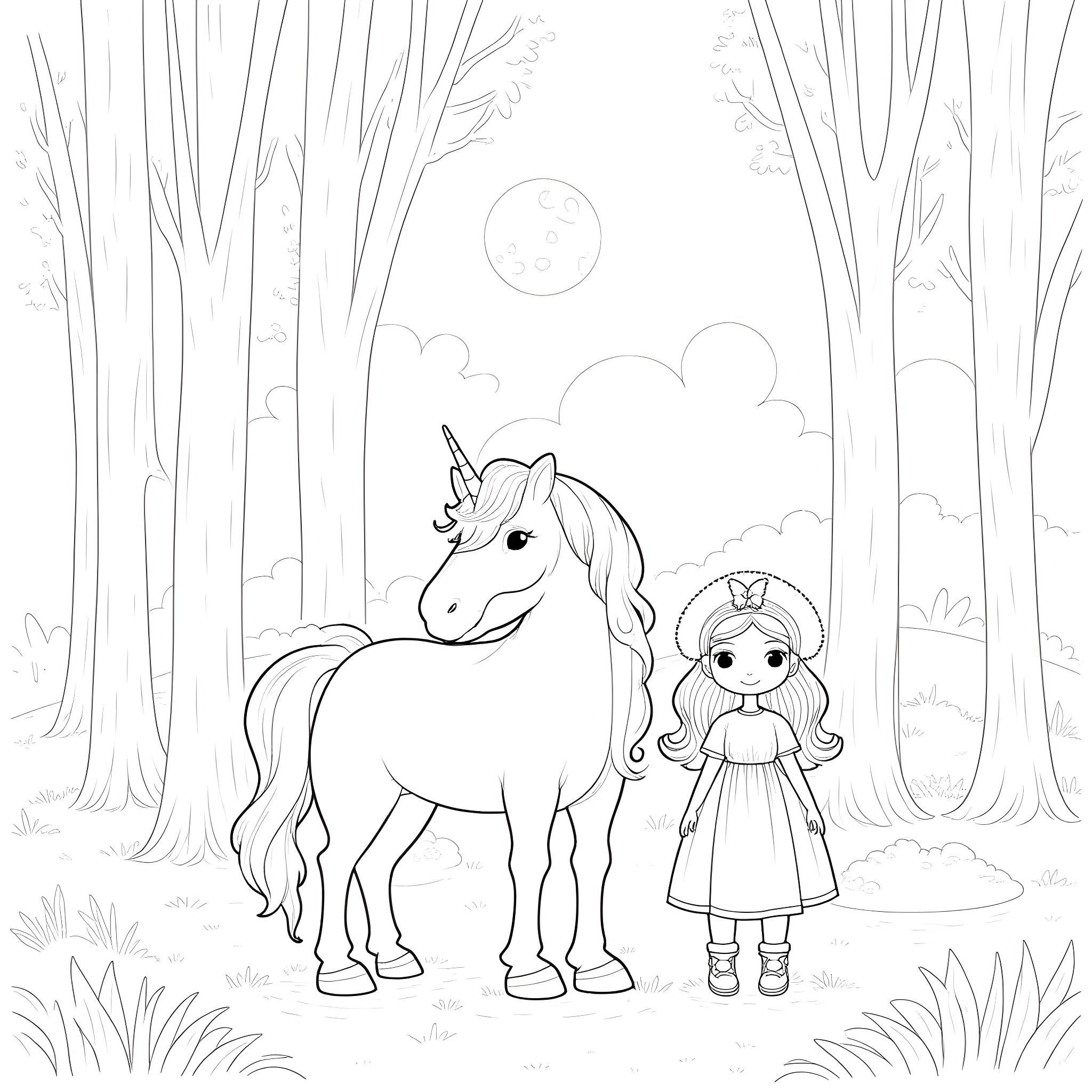Unicorn and Girl in the Enchanted Forest Coloring Page (free black-and-white line drawing printable PDF for all, from beginners to advanced learners, including children, teens, adults, and seniors)