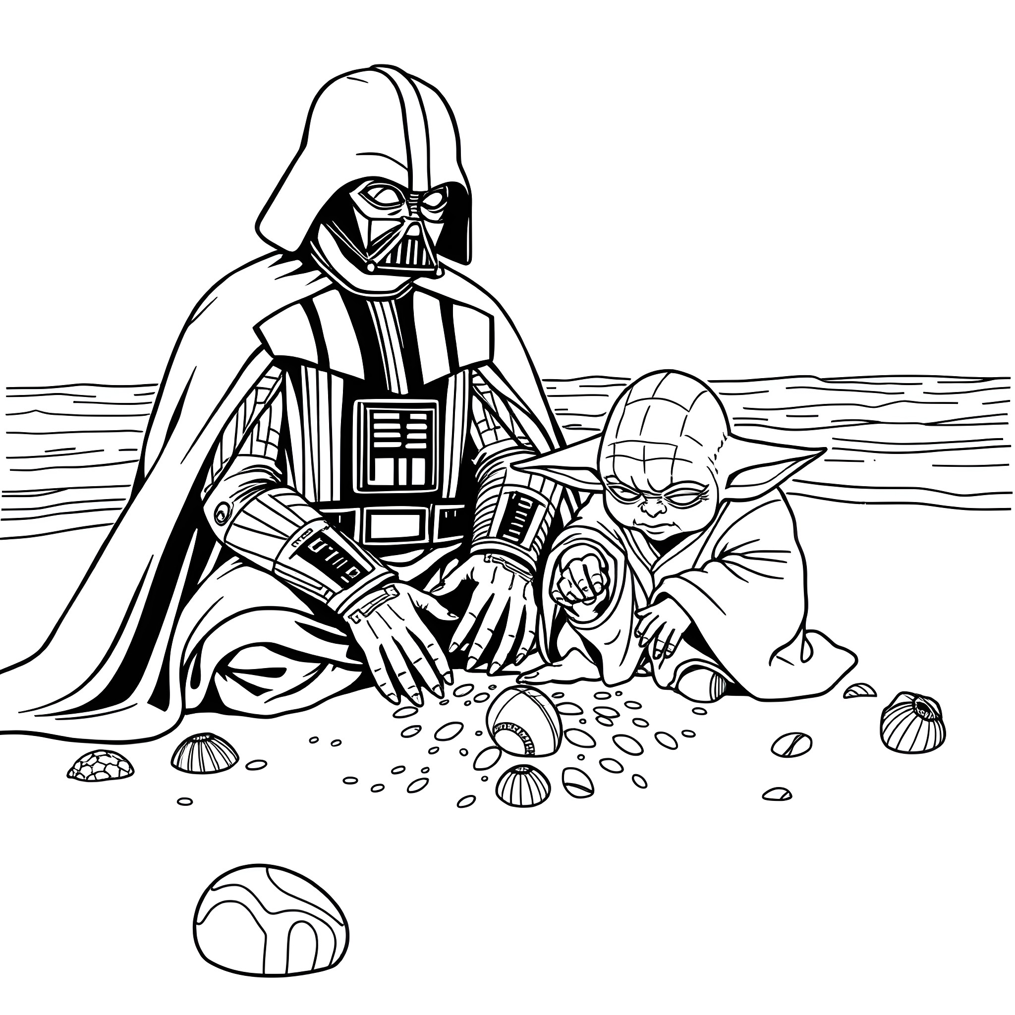 Darth Vader and Yoda in an iconic Star Wars scene Coloring Page (free black-and-white line drawing printable PDF for all, from beginners to advanced learners, including children, teens, adults, and seniors)