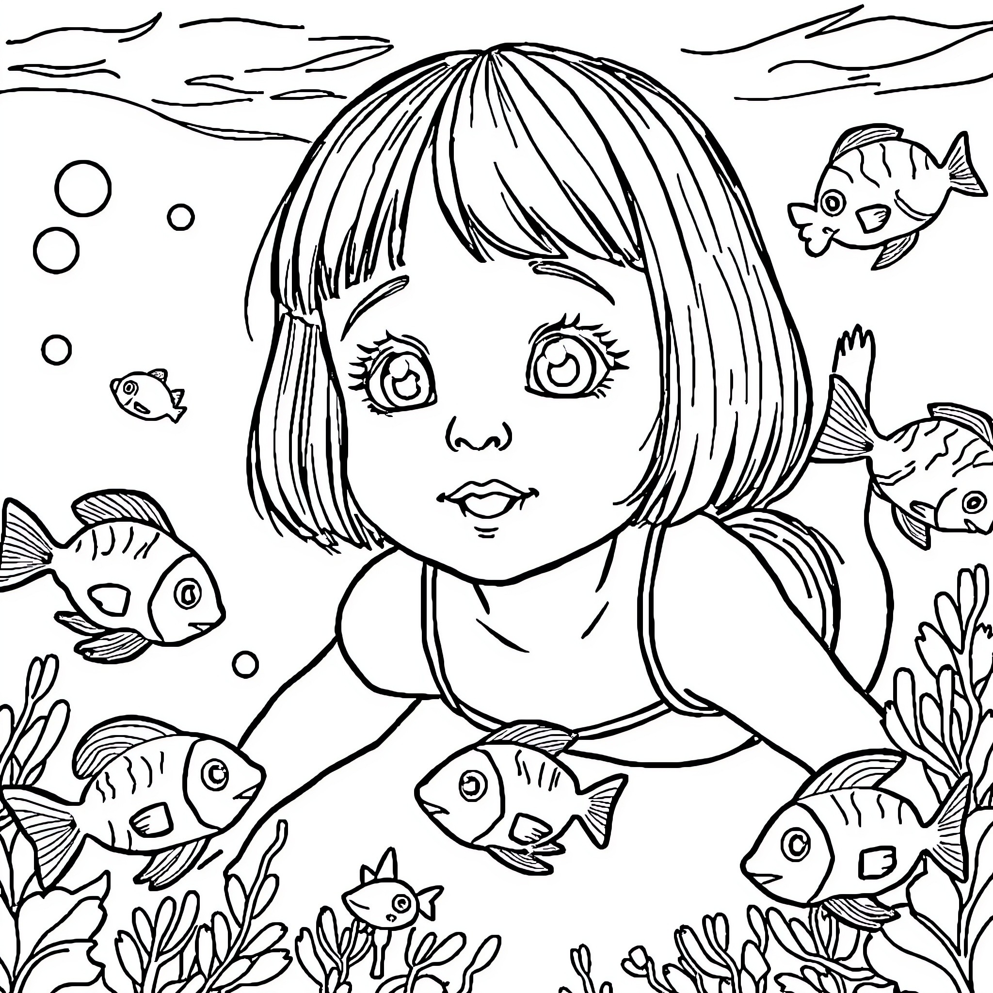 Fille exploring the underwater world with fish Coloring Page (free black-and-white line drawing printable PDF for all, from beginners to advanced learners, including children, teens, adults, and seniors)