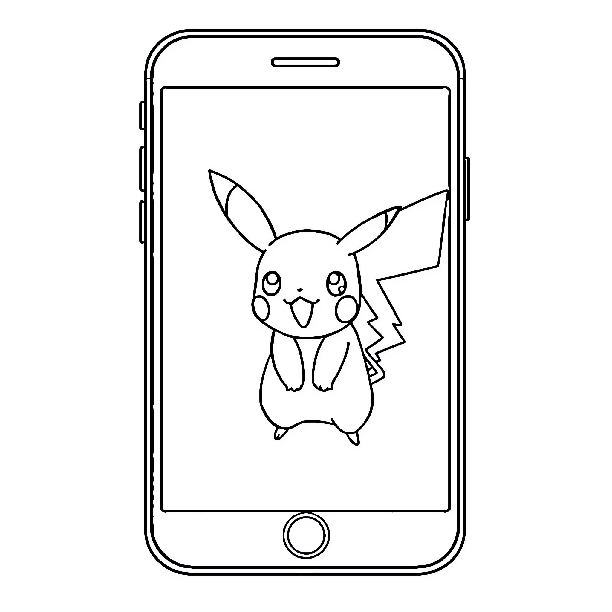 Pokémon Pikachu character on smartphone screen Coloring Page (free black-and-white line drawing printable PDF for all, from beginners to advanced learners, including children, teens, adults, and seniors)