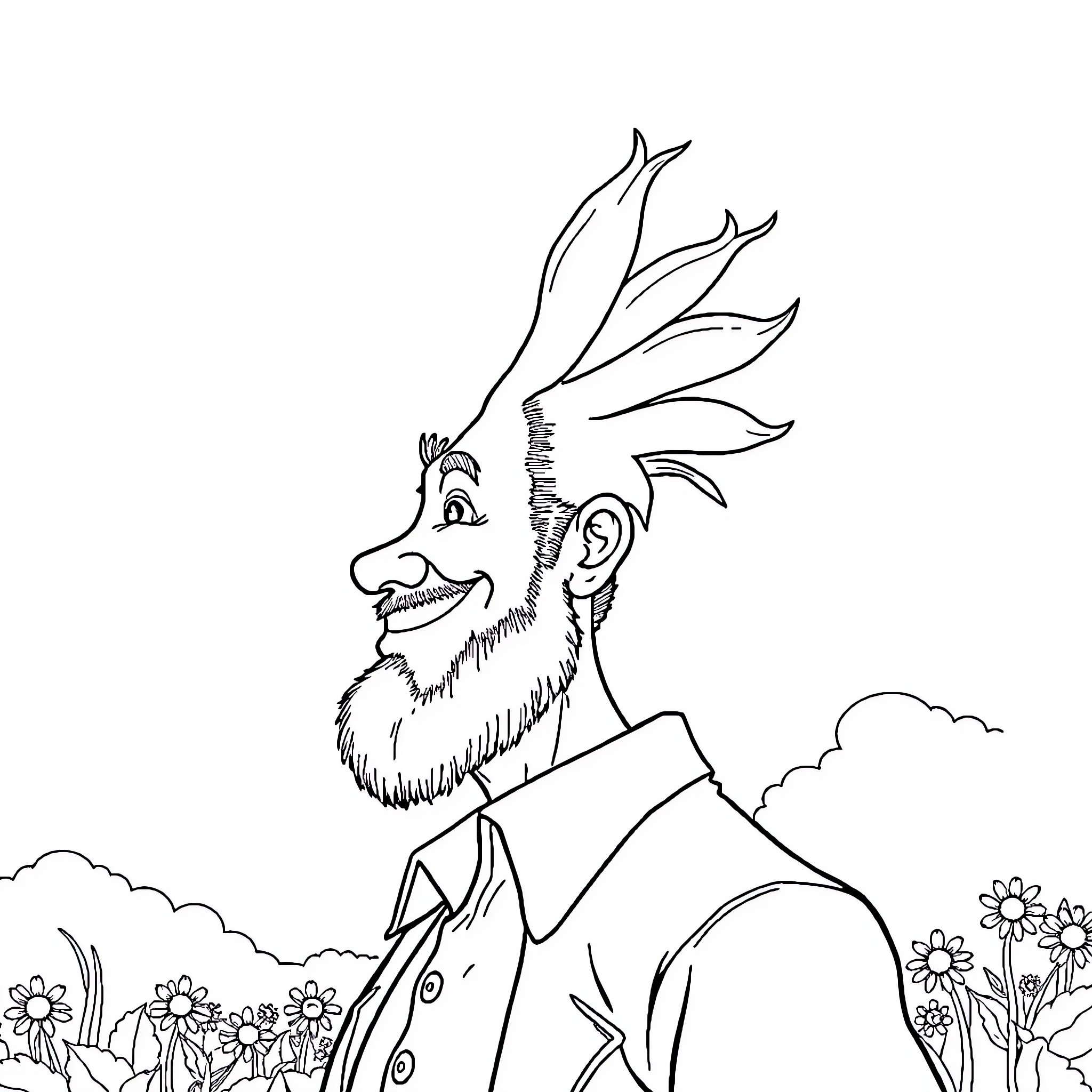 Bonhomme in a Whimsical Outdoor Scene Coloring Page (free black-and-white line drawing printable PDF for all, from beginners to advanced learners, including children, teens, adults, and seniors)