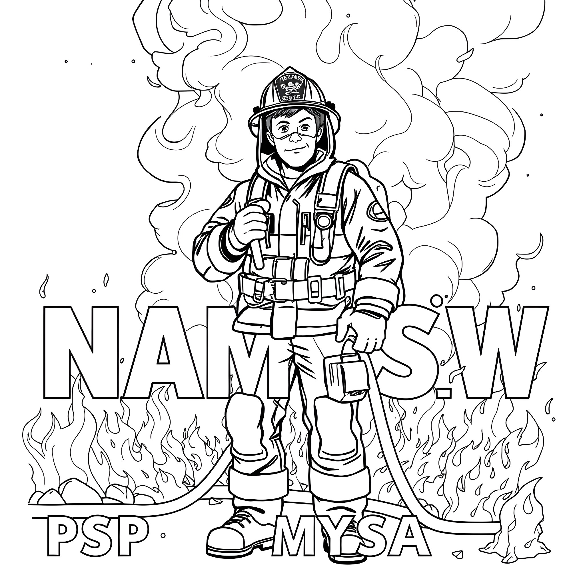 Firefighter in Action Battling Flames Coloring Page (free black-and-white line drawing printable PDF for all, from beginners to advanced learners, including children, teens, adults, and seniors)