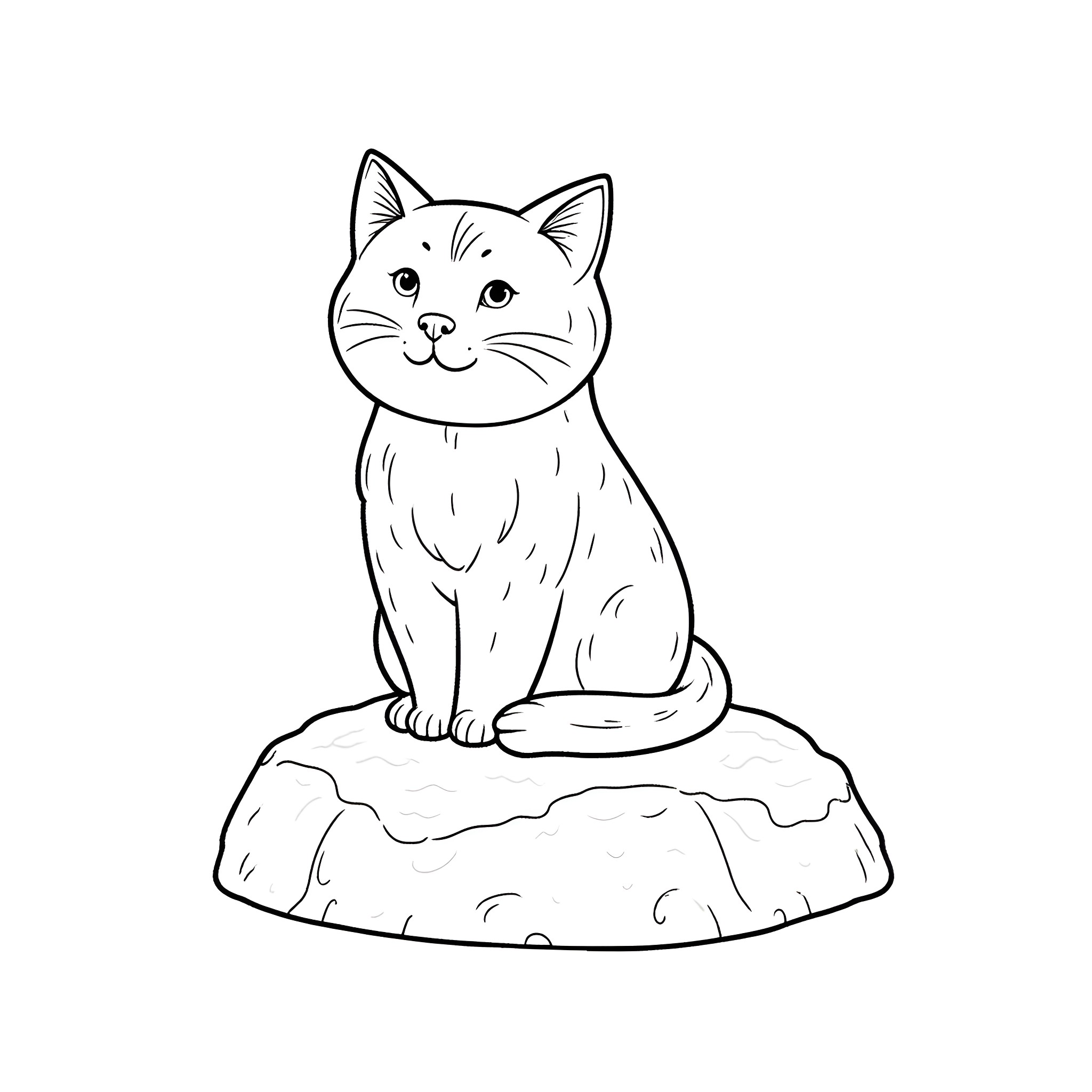 Cat sitting on a rock Coloring Page (free black-and-white line drawing printable PDF for all, from beginners to advanced learners, including children, teens, adults, and seniors)