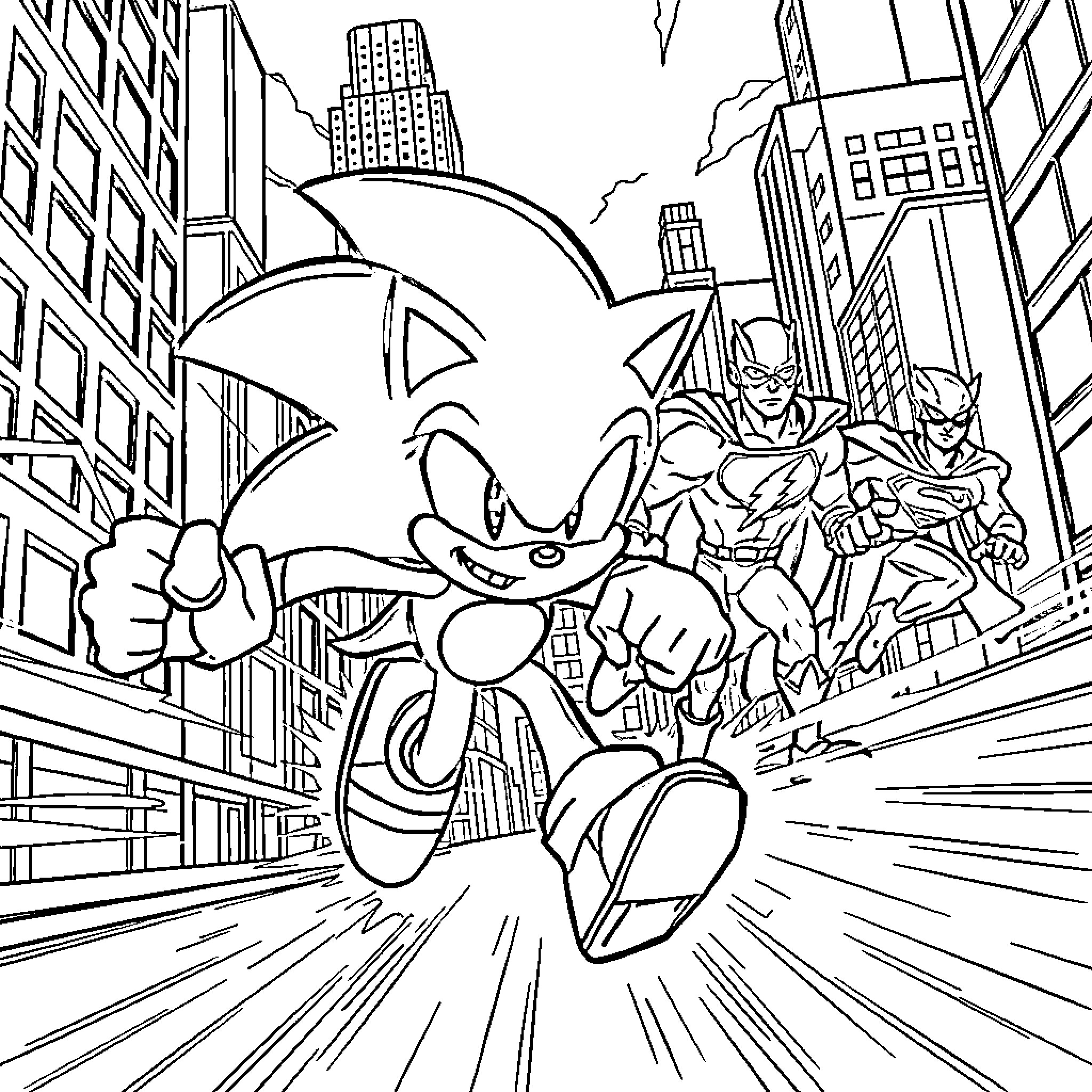 Sonic racing through the city with superheroes Coloring Page (free black-and-white line drawing printable PDF for all, from beginners to advanced learners, including children, teens, adults, and seniors)