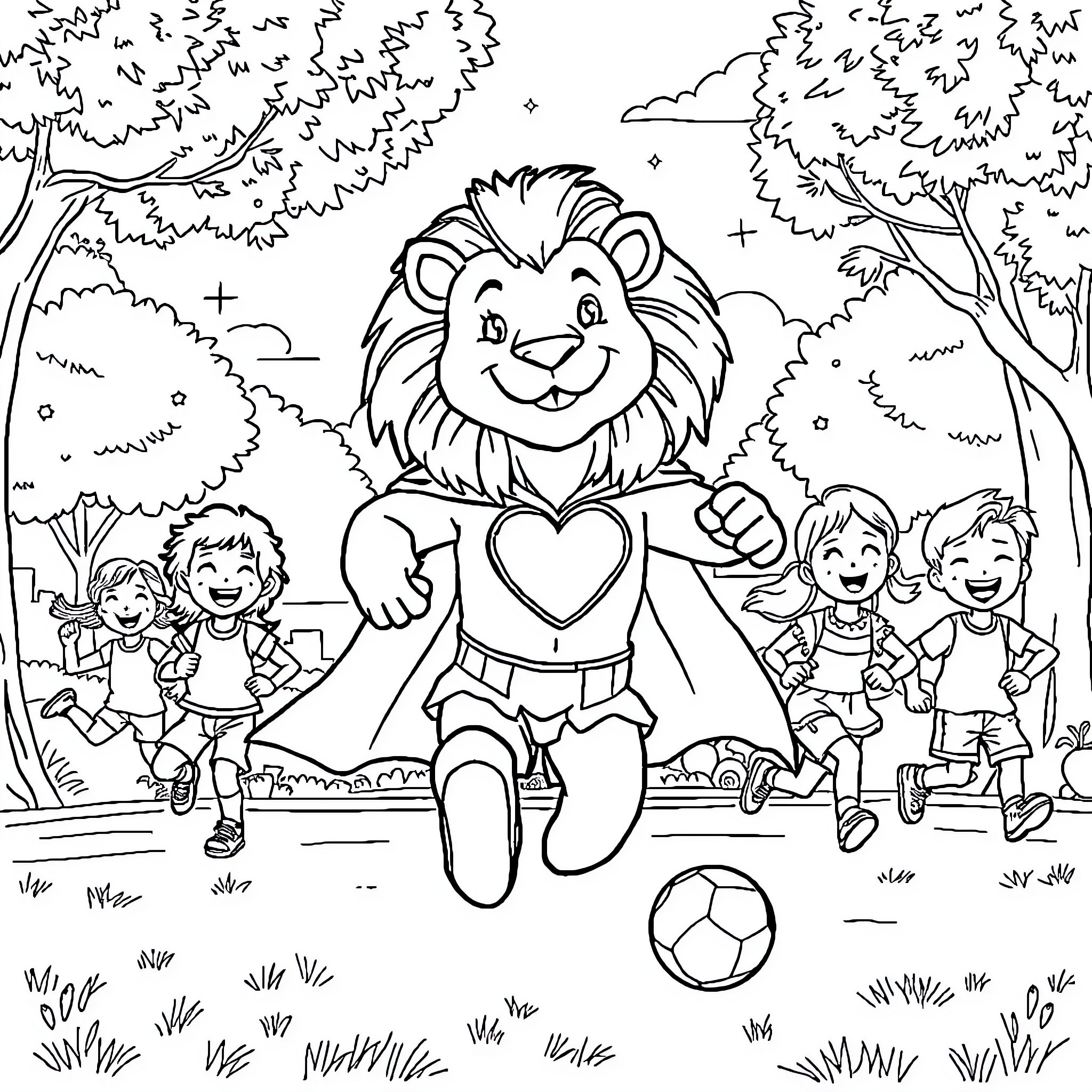 Lion playing with children in the park Coloring Page (free black-and-white line drawing printable PDF for all, from beginners to advanced learners, including children, teens, adults, and seniors)