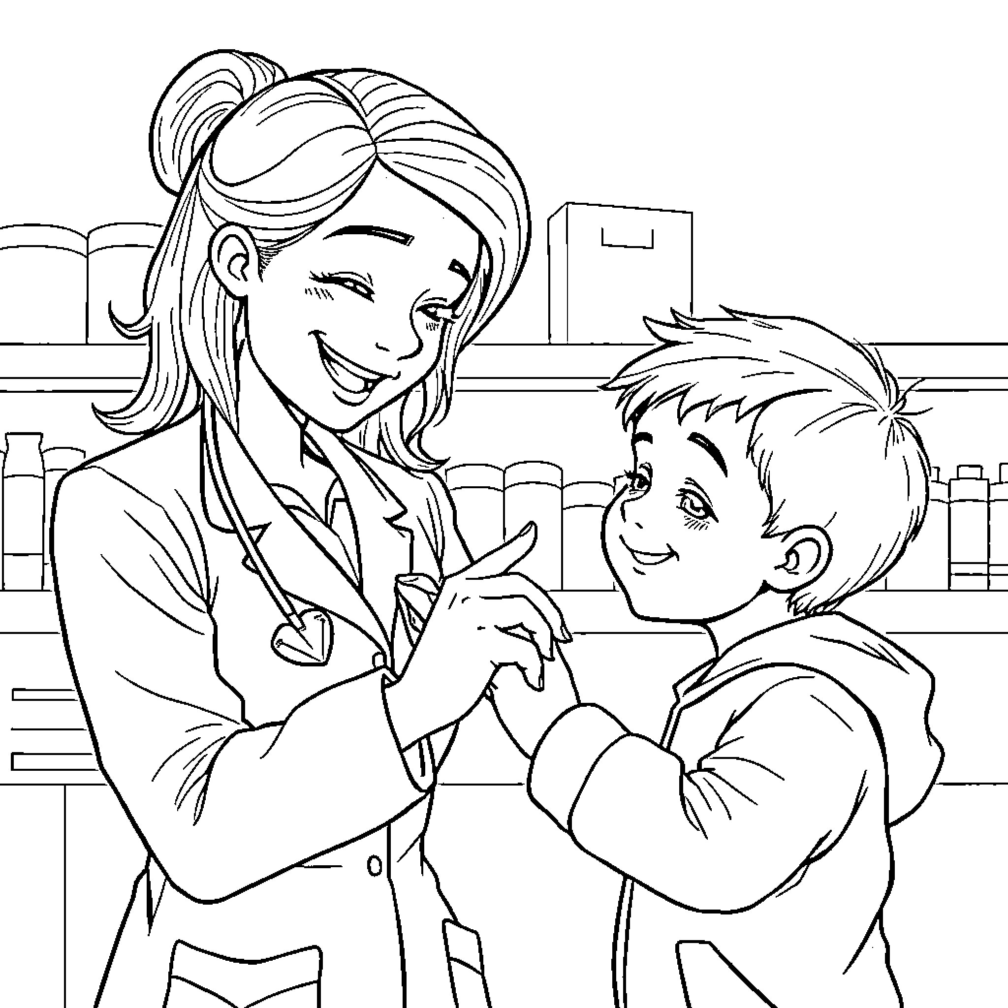 Pharmacienne assisting a young patient with care Coloring Page (free black-and-white line drawing printable PDF for all, from beginners to advanced learners, including children, teens, adults, and seniors)