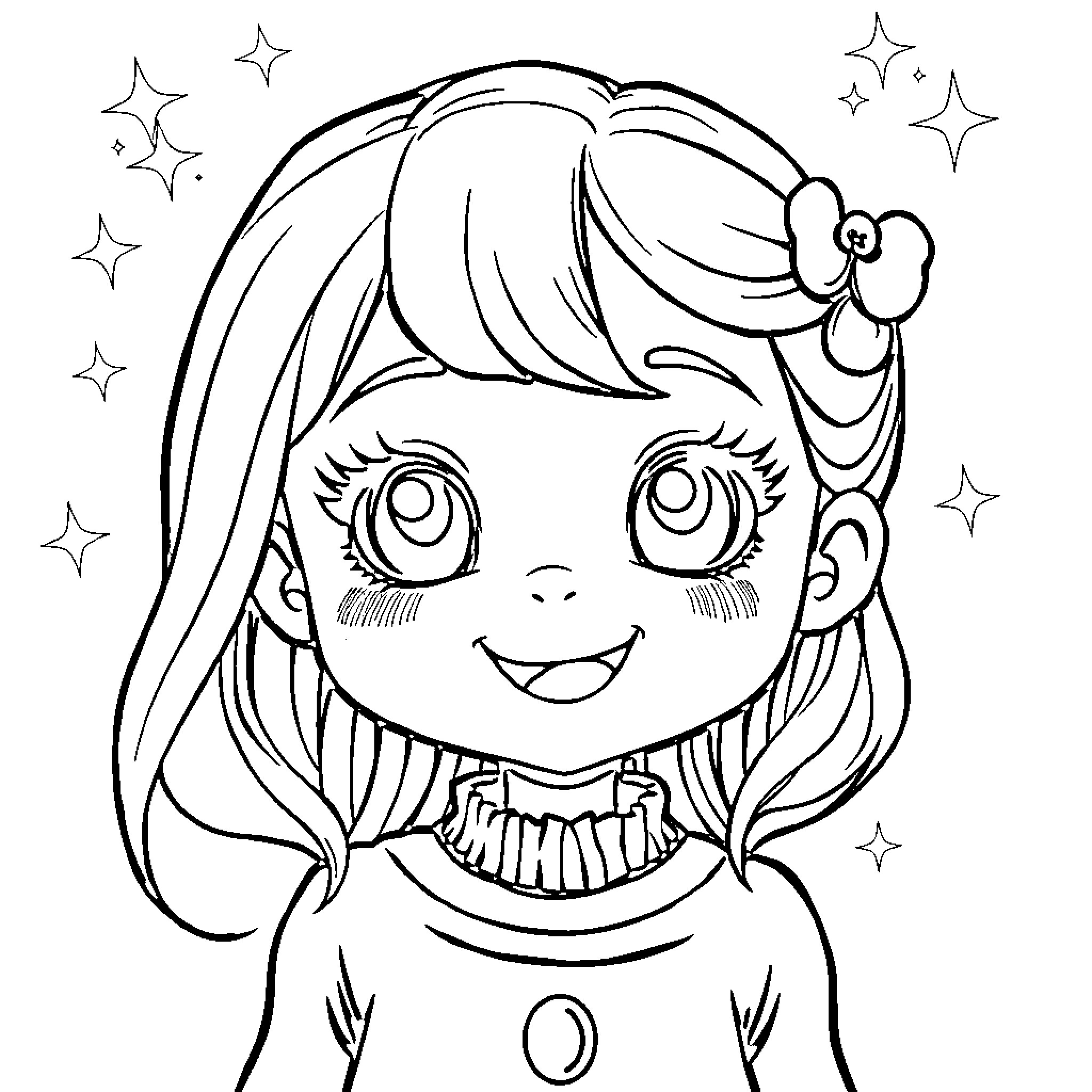 Kawaii Girl with Sparkling Smile and Bow Coloring Page (free black-and-white line drawing printable PDF for all, from beginners to advanced learners, including children, teens, adults, and seniors)