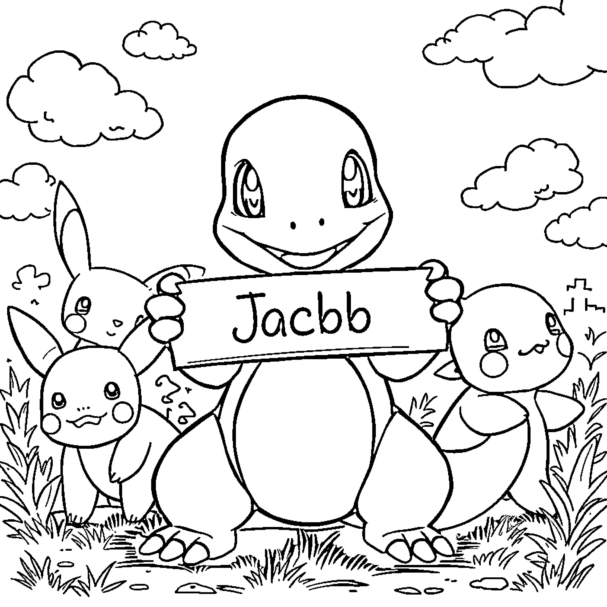 Charmander and Friends Enjoying Outdoor Adventure Coloring Page (free black-and-white line drawing printable PDF for all, from beginners to advanced learners, including children, teens, adults, and seniors)
