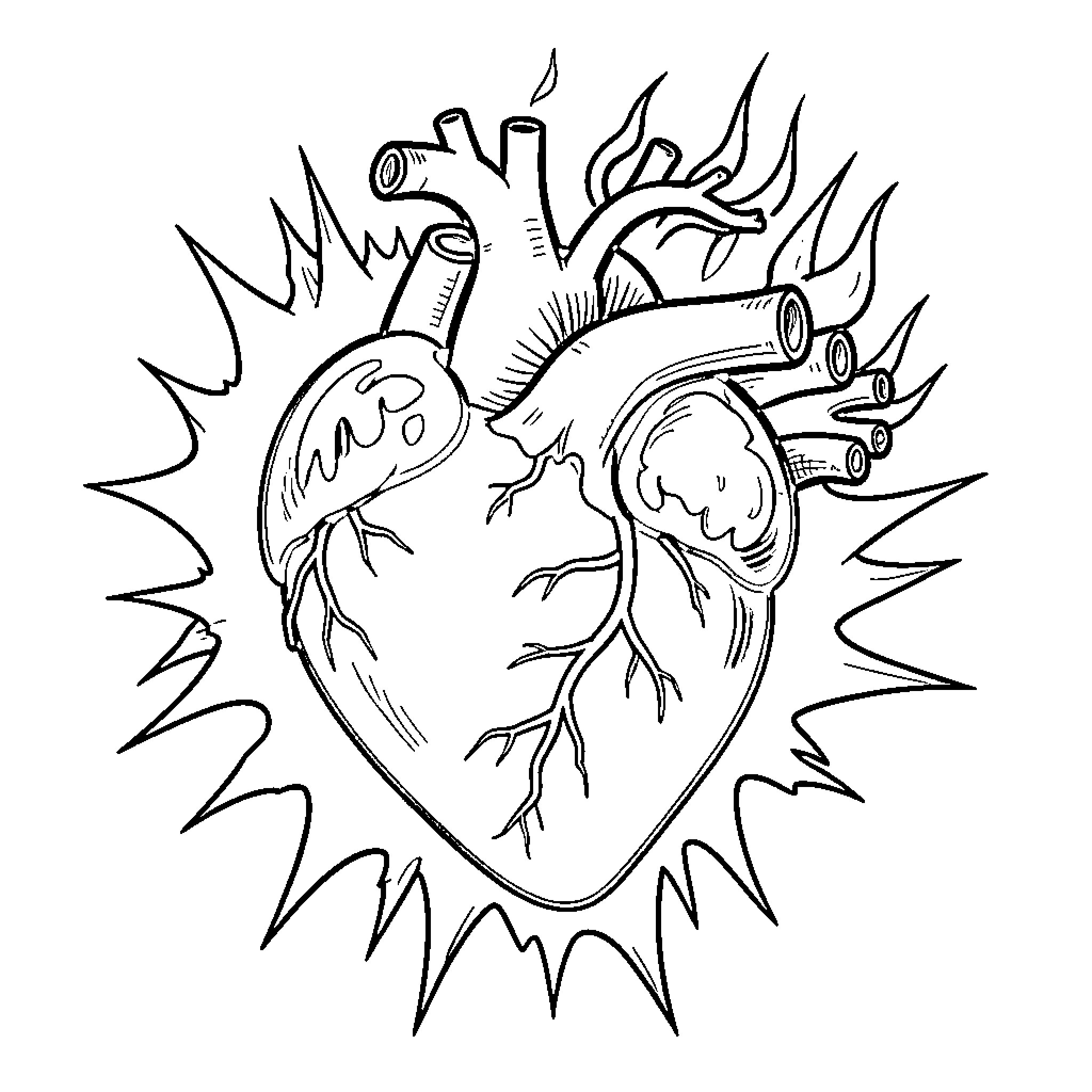 Heart Ablaze with Passion Coloring Page (free black-and-white line drawing printable PDF for all, from beginners to advanced learners, including children, teens, adults, and seniors)
