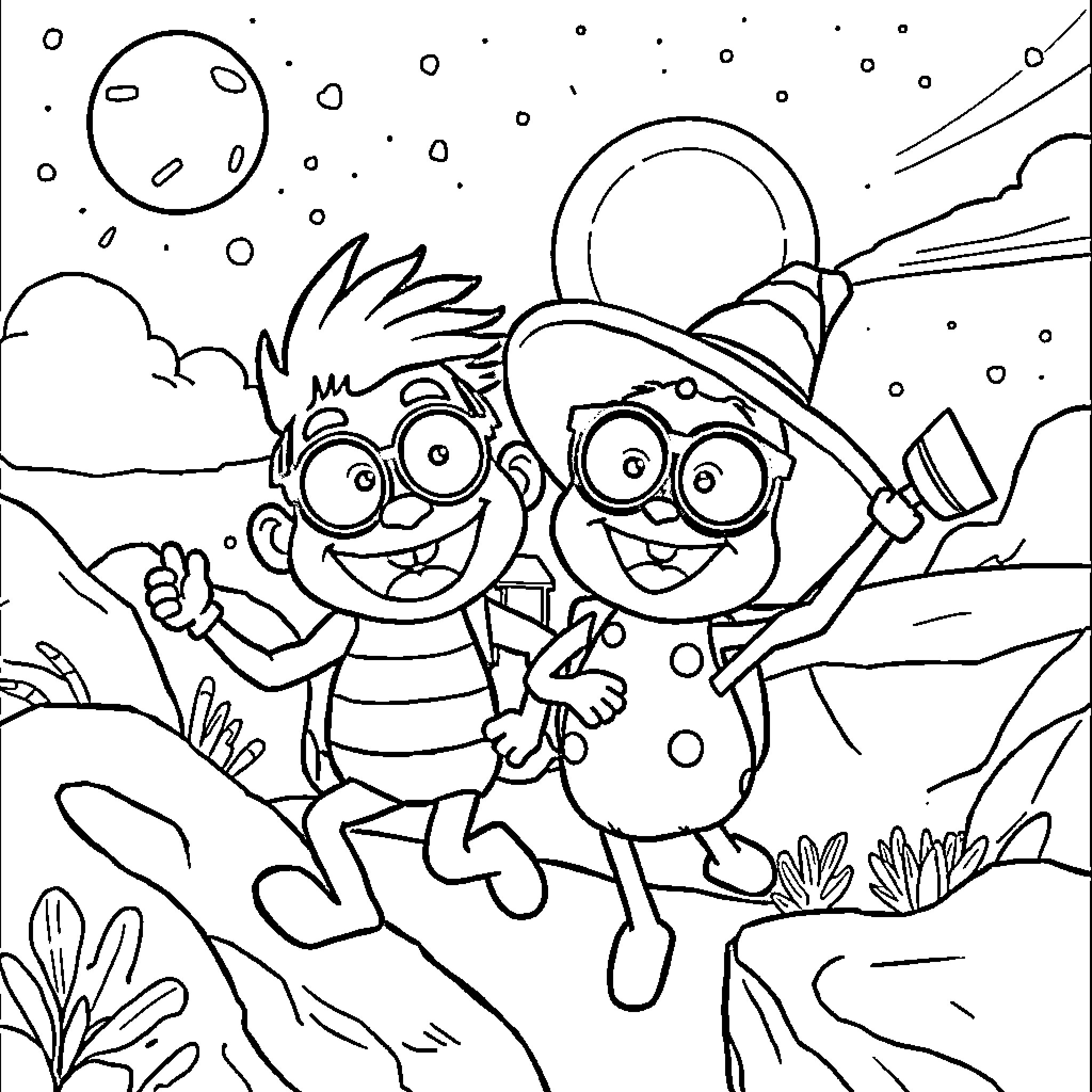 Plim Plim Excited Kids Exploring the Outdoors Coloring Page (free black-and-white line drawing printable PDF for all, from beginners to advanced learners, including children, teens, adults, and seniors)