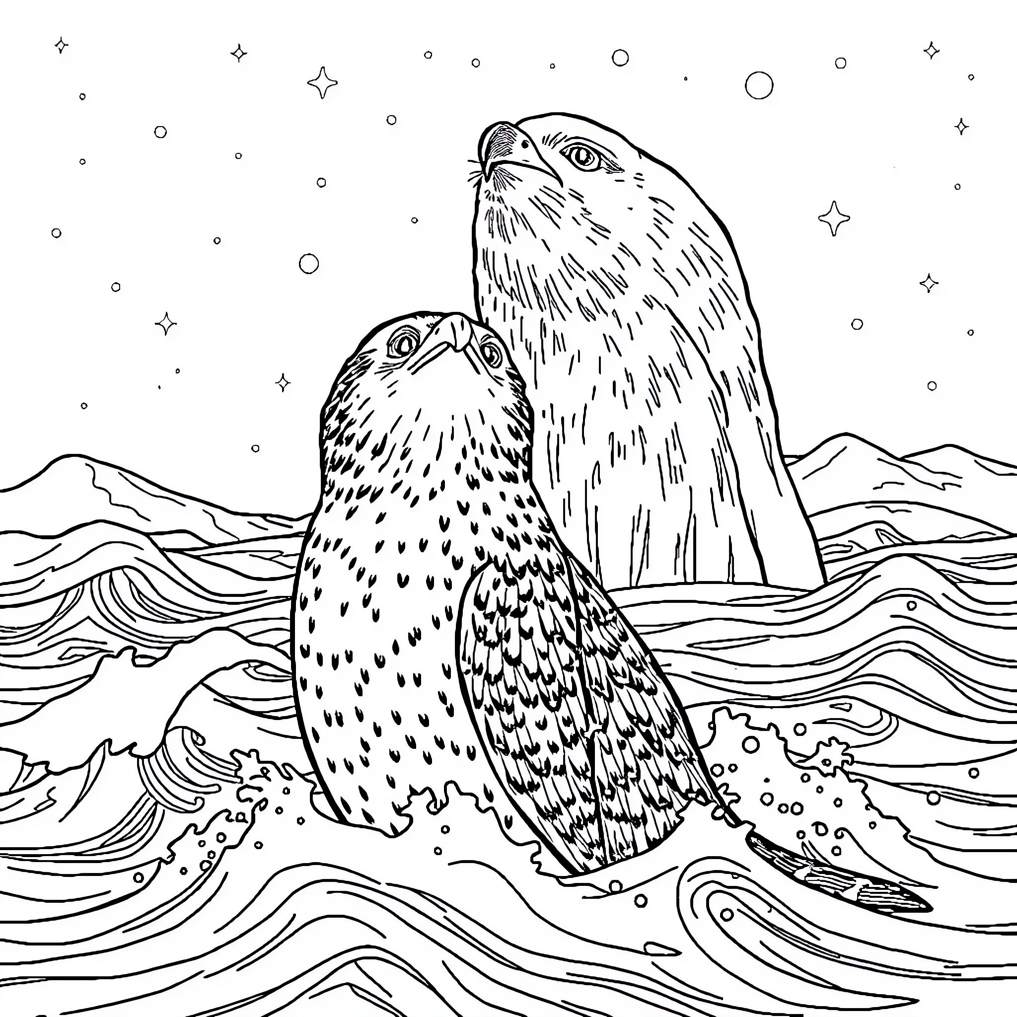 Otter Duo Admiring Scenic Seascape Coloring Page (free black-and-white line drawing printable PDF for all, from beginners to advanced learners, including children, teens, adults, and seniors)