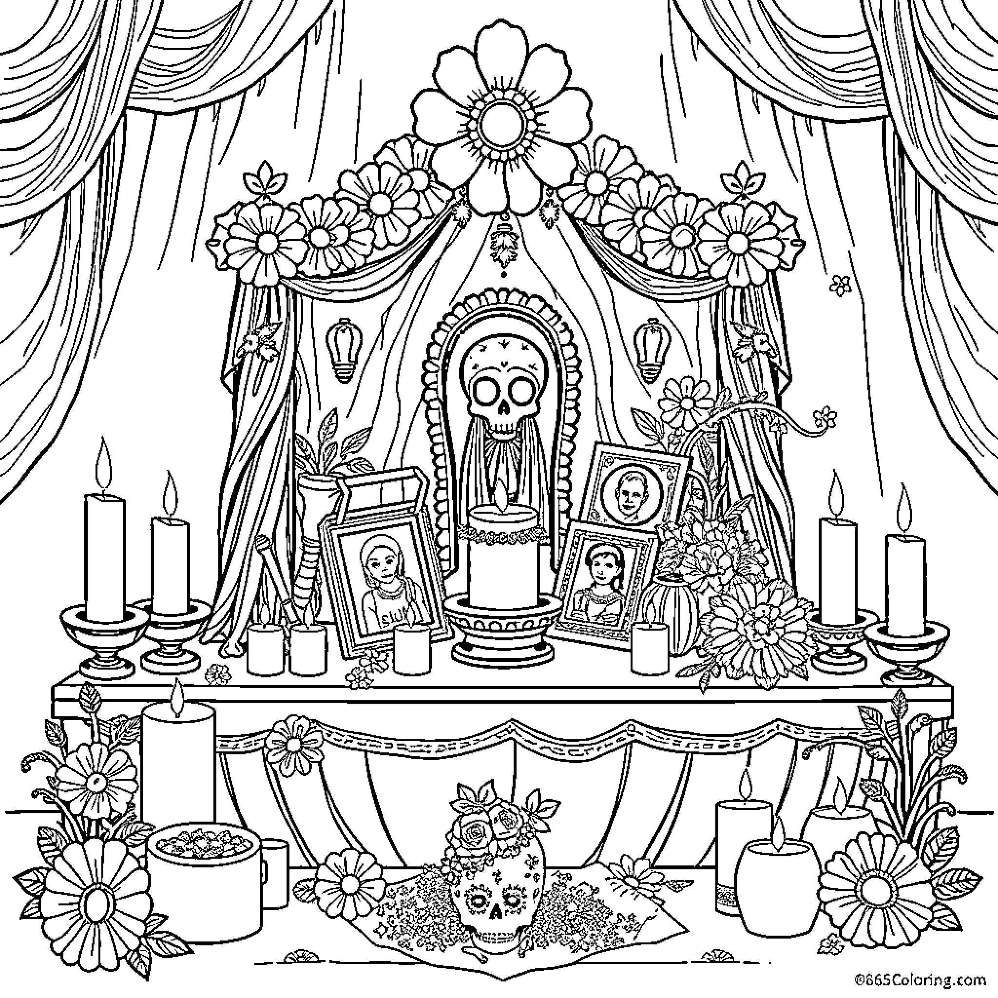 Altar of Floral Offerings and Spiritual Symbols Coloring Page (free black-and-white line drawing printable PDF for all, from beginners to advanced learners, including children, teens, adults, and seniors)