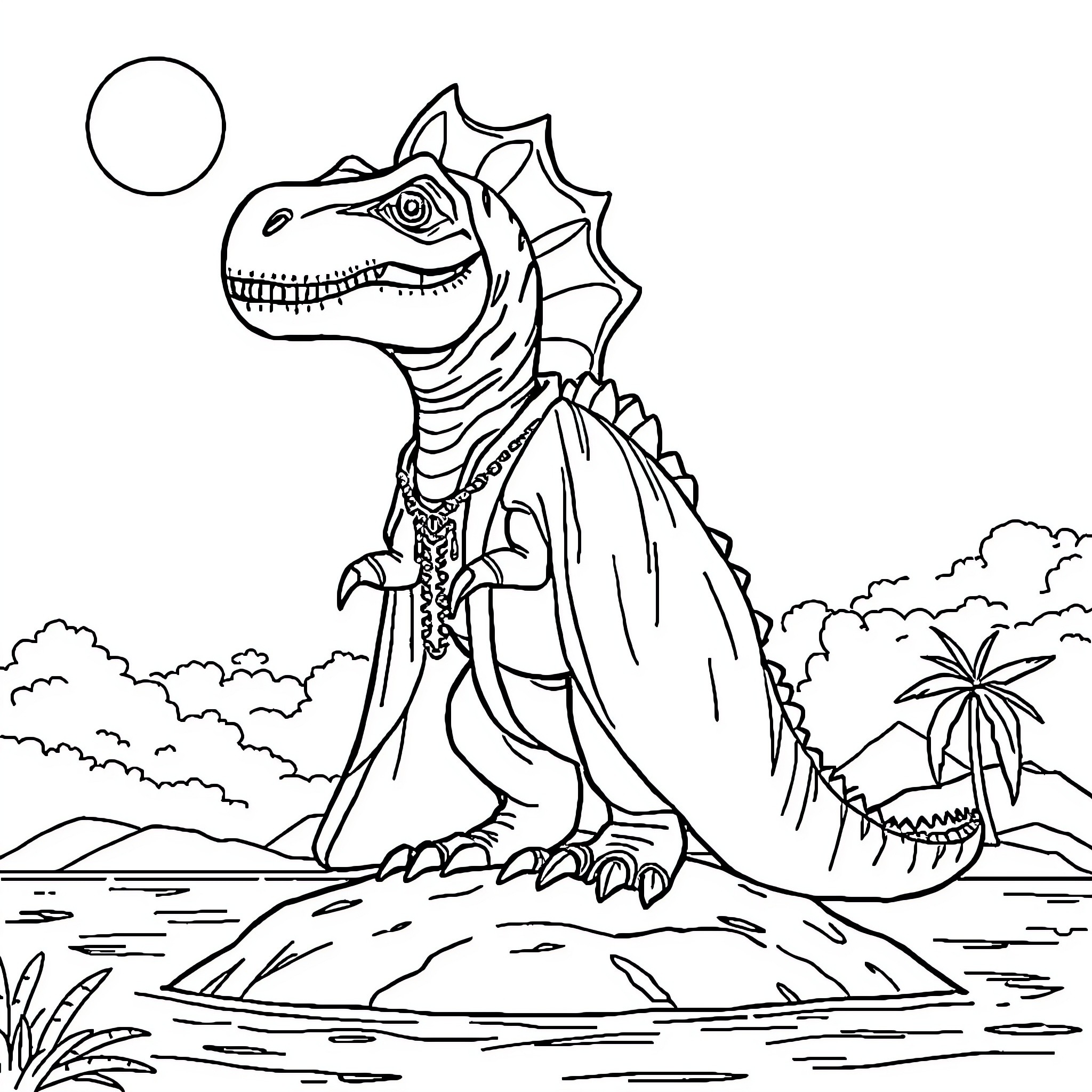 Dinosaur standing proudly on a tropical island Coloring Page (free black-and-white line drawing printable PDF for all, from beginners to advanced learners, including children, teens, adults, and seniors)