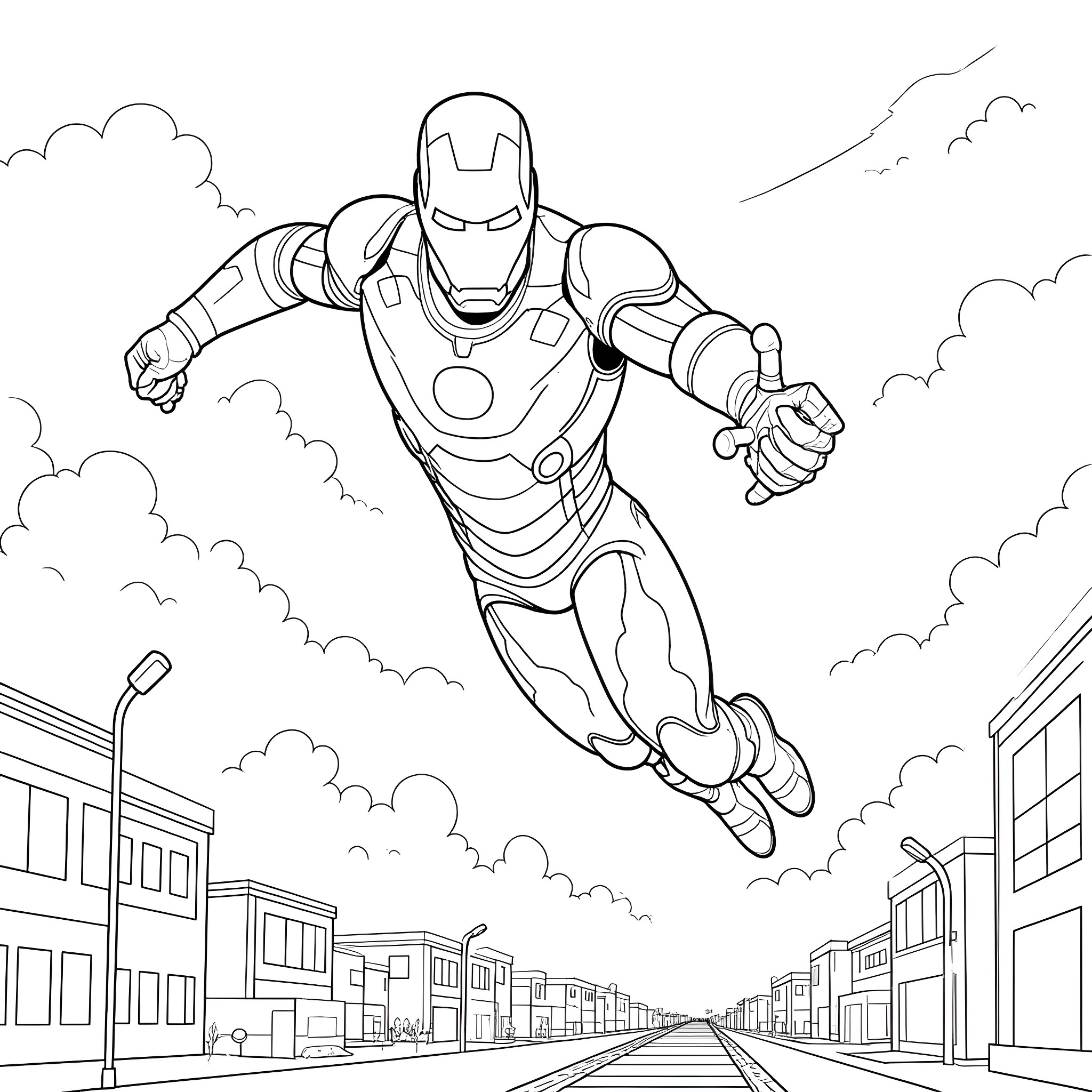 Iron Man soaring through the sky above the city Coloring Page (free black-and-white line drawing printable PDF for all, from beginners to advanced learners, including children, teens, adults, and seniors)