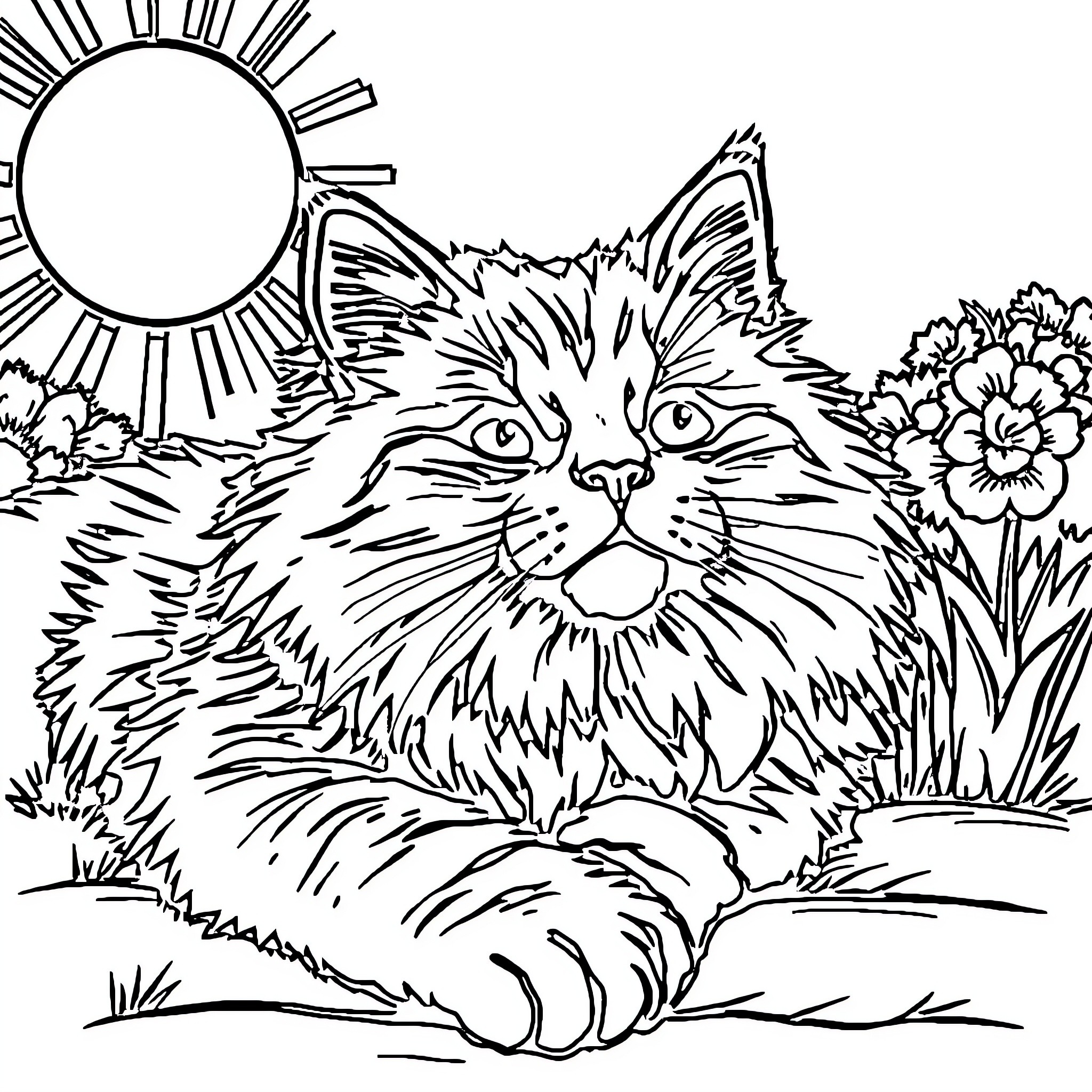 Cat lounging in a floral garden under the sun Coloring Page (free black-and-white line drawing printable PDF for all, from beginners to advanced learners, including children, teens, adults, and seniors)