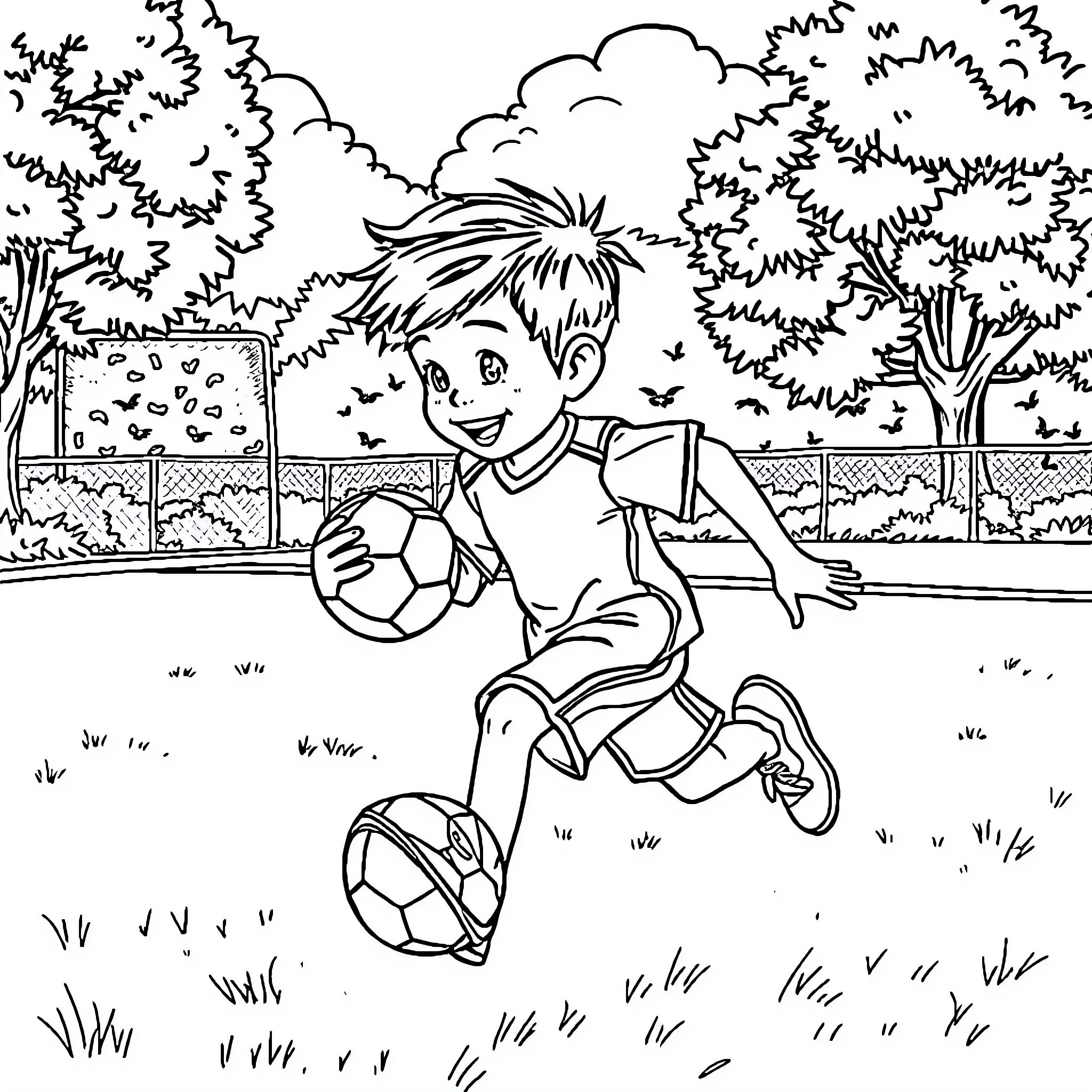 Child playing joyfully with soccer ball outdoors Coloring Page (free black-and-white line drawing printable PDF for all, from beginners to advanced learners, including children, teens, adults, and seniors)