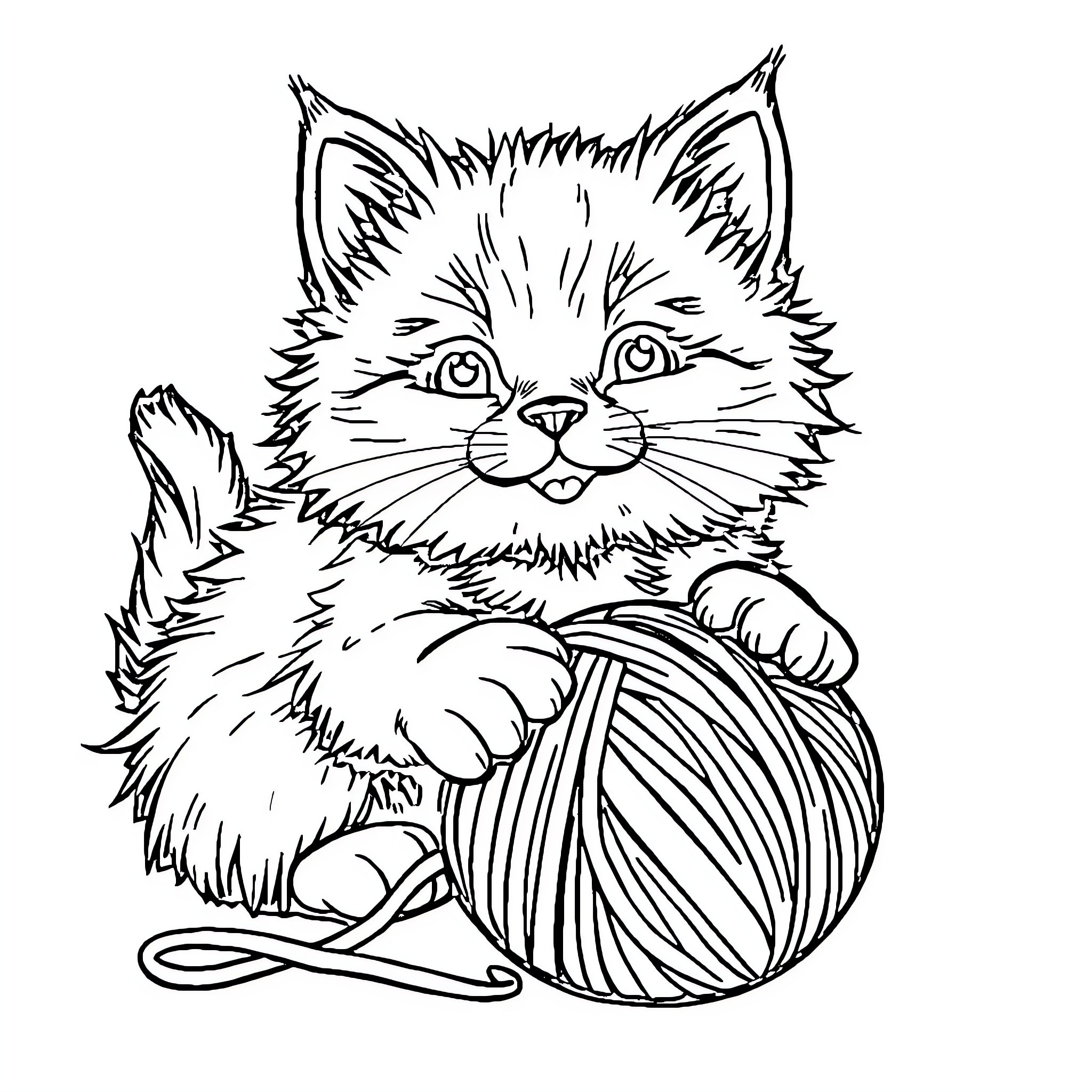 Kitty playing with ball of yarn Coloring Page (free black-and-white line drawing printable PDF for all, from beginners to advanced learners, including children, teens, adults, and seniors)