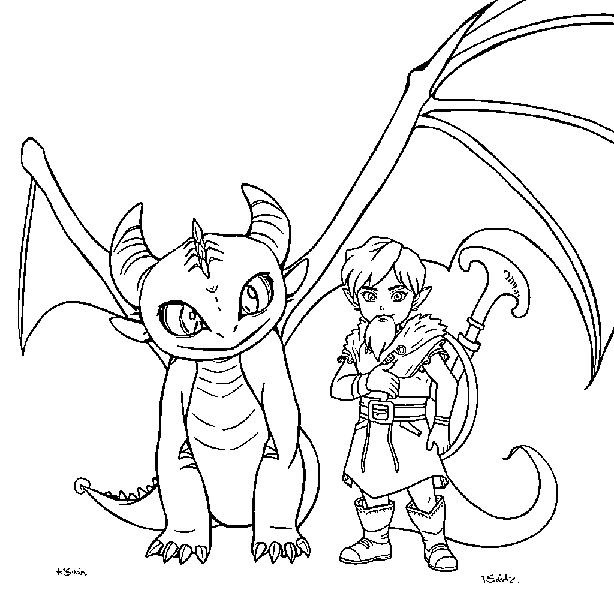 Toothless and a young hero in adventure Coloring Page (free black-and-white line drawing printable PDF for all, from beginners to advanced learners, including children, teens, adults, and seniors)