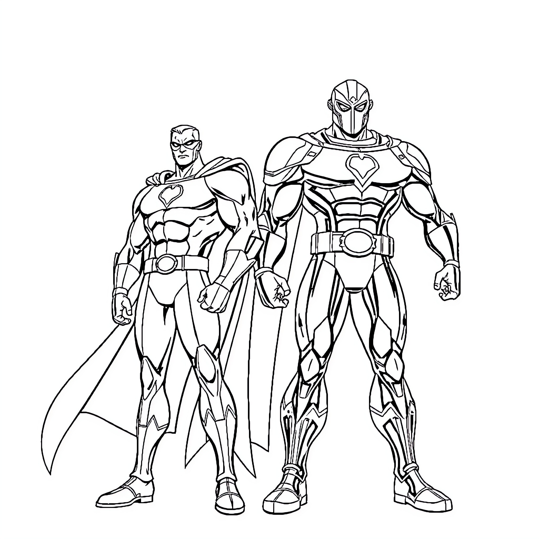 Omniman and Superhero Duo in Action Poses Coloring Page (free black-and-white line drawing printable PDF for all, from beginners to advanced learners, including children, teens, adults, and seniors)