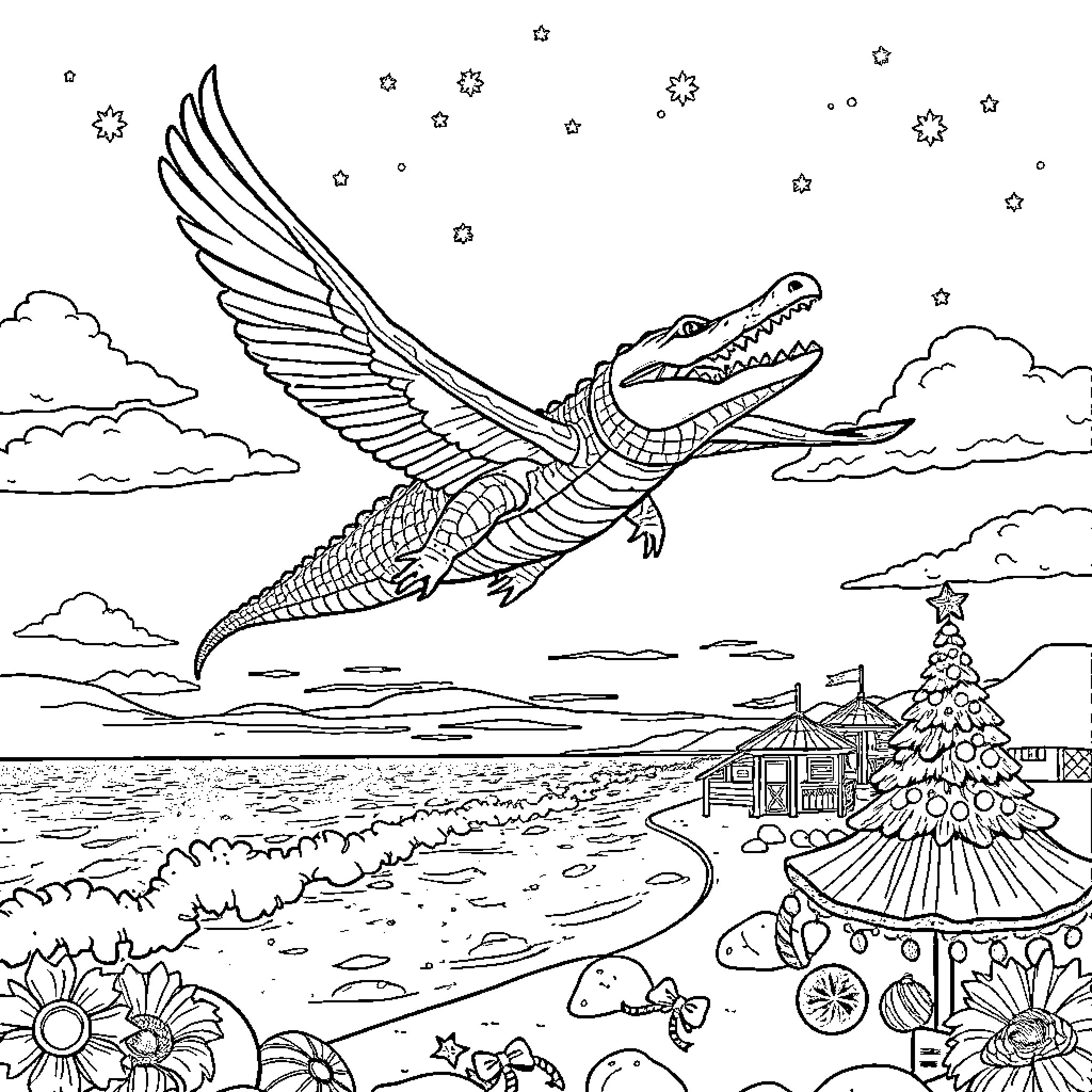 Crocodile soaring through the starry night sky Coloring Page (free black-and-white line drawing printable PDF for all, from beginners to advanced learners, including children, teens, adults, and seniors)