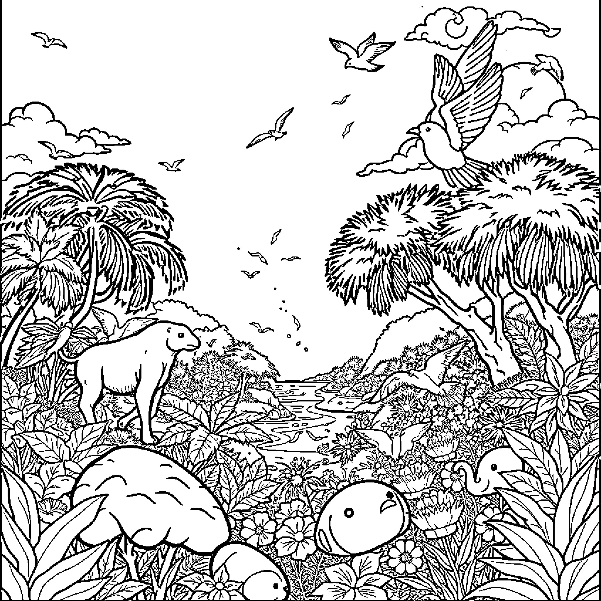 Genesis of a Vibrant Tropical Sanctuary Coloring Page (free black-and-white line drawing printable PDF for all, from beginners to advanced learners, including children, teens, adults, and seniors)