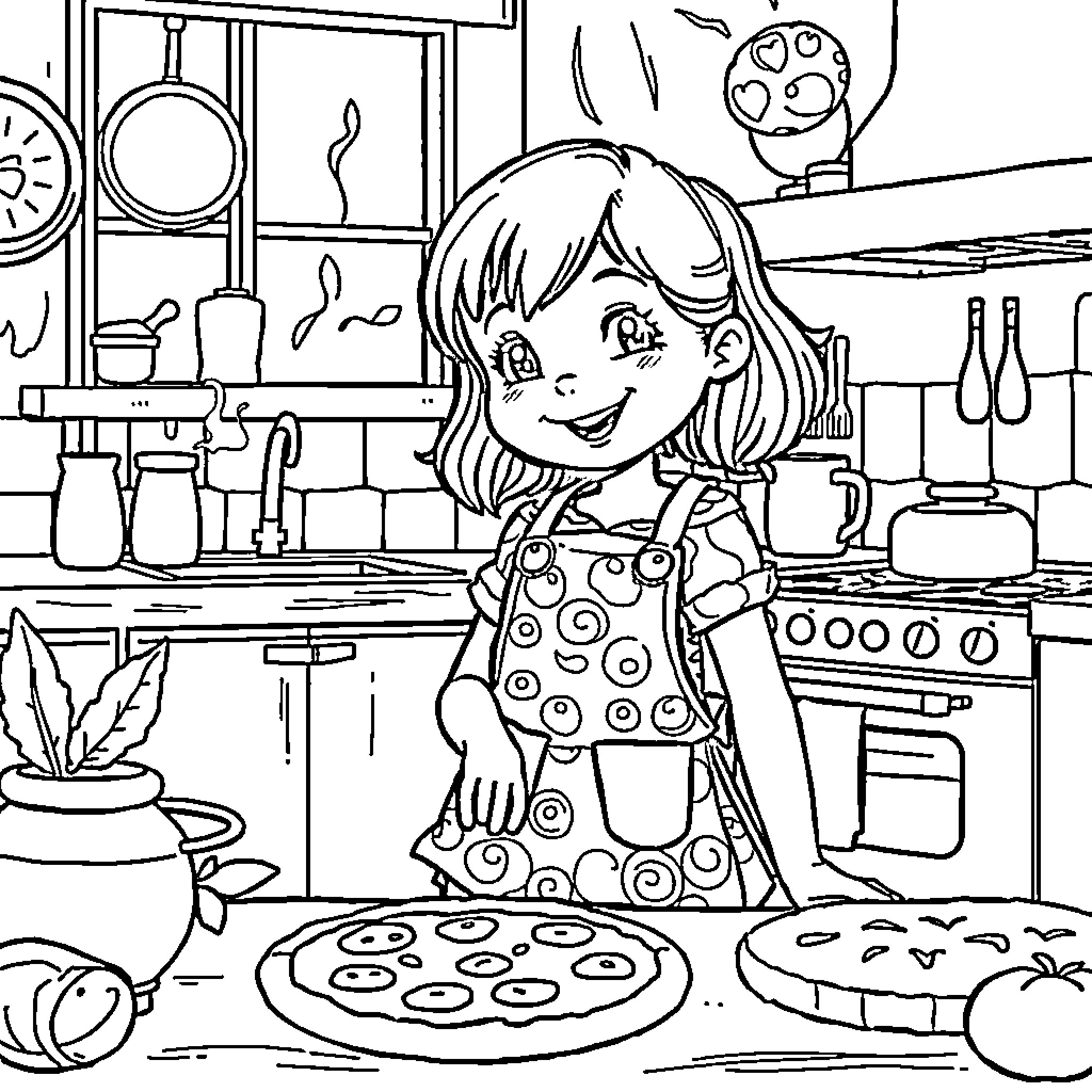 Girl Happily Baking Cookies in the Kitchen Coloring Page (free black-and-white line drawing printable PDF for all, from beginners to advanced learners, including children, teens, adults, and seniors)
