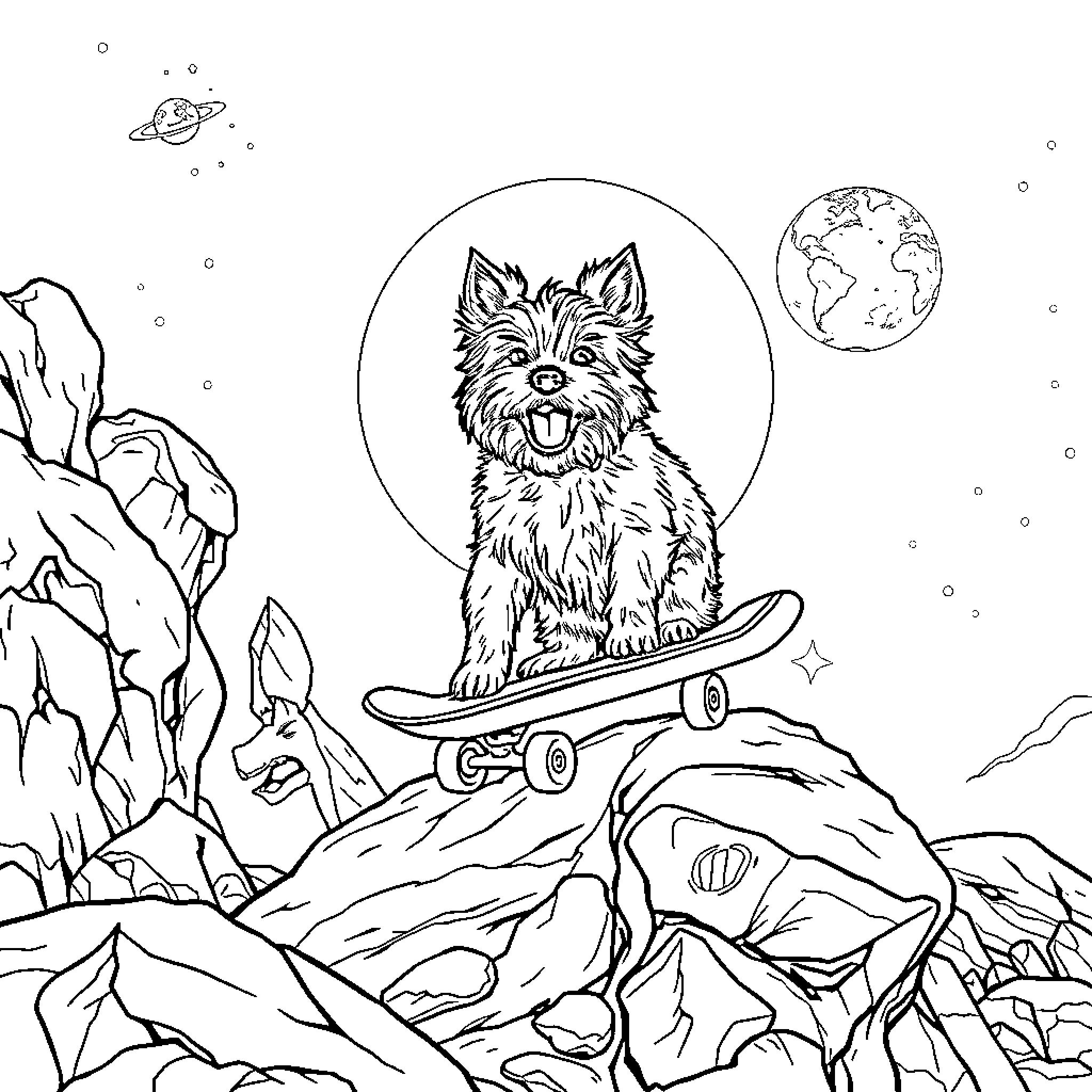 Cairn Terrier riding skateboard in cosmic landscape Coloring Page (free black-and-white line drawing printable PDF for all, from beginners to advanced learners, including children, teens, adults, and seniors)