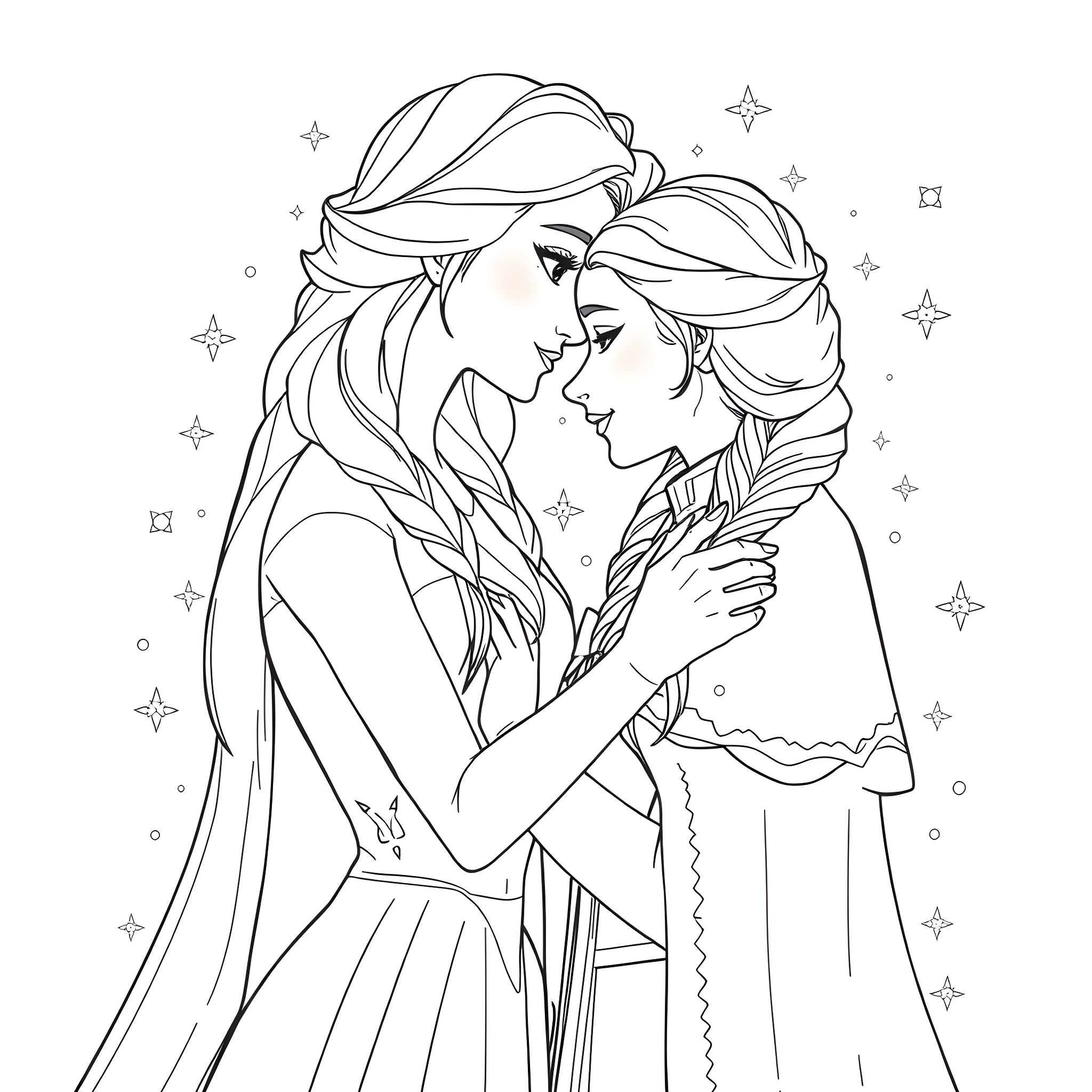 Elsa's Enchanting Embrace Coloring Page (free black-and-white line drawing printable PDF for all, from beginners to advanced learners, including children, teens, adults, and seniors)