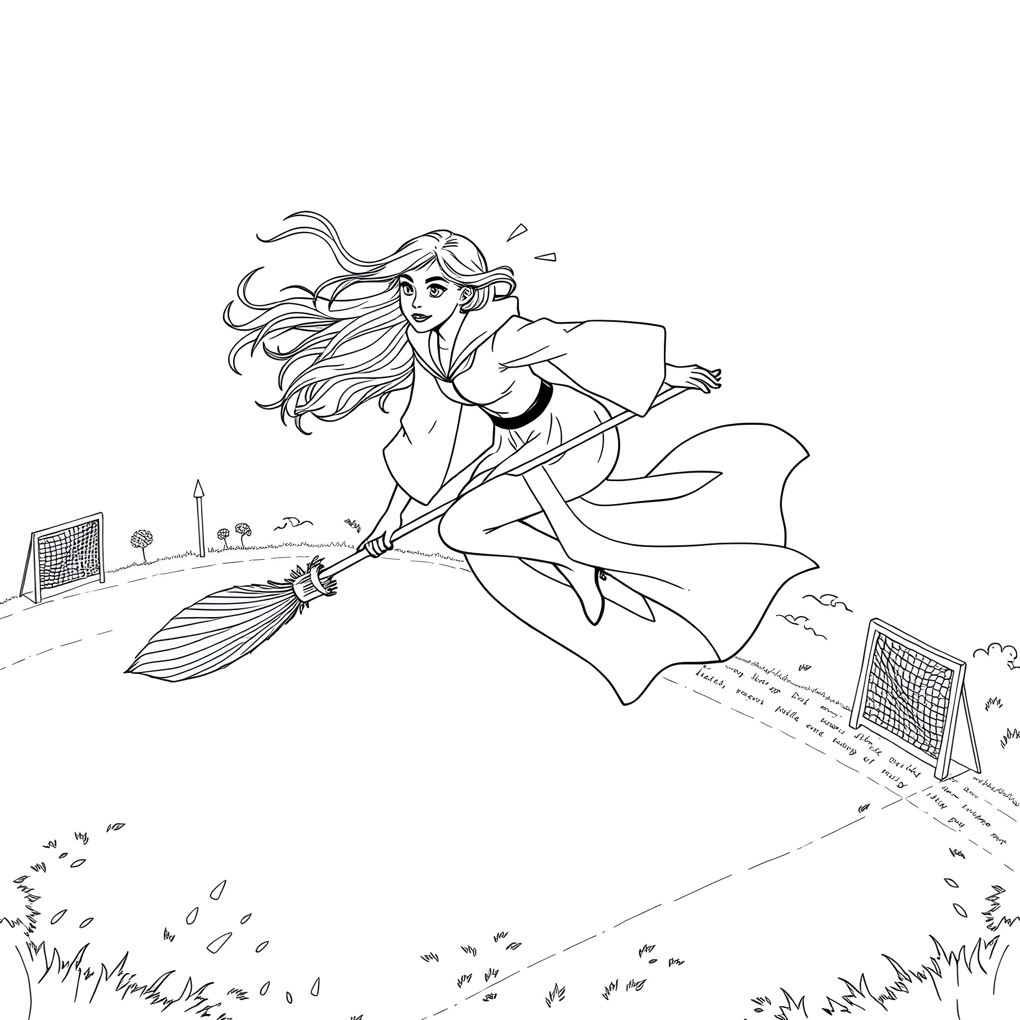 Woman flying on broomstick in outdoor scene Coloring Page (free black-and-white line drawing printable PDF for all, from beginners to advanced learners, including children, teens, adults, and seniors)