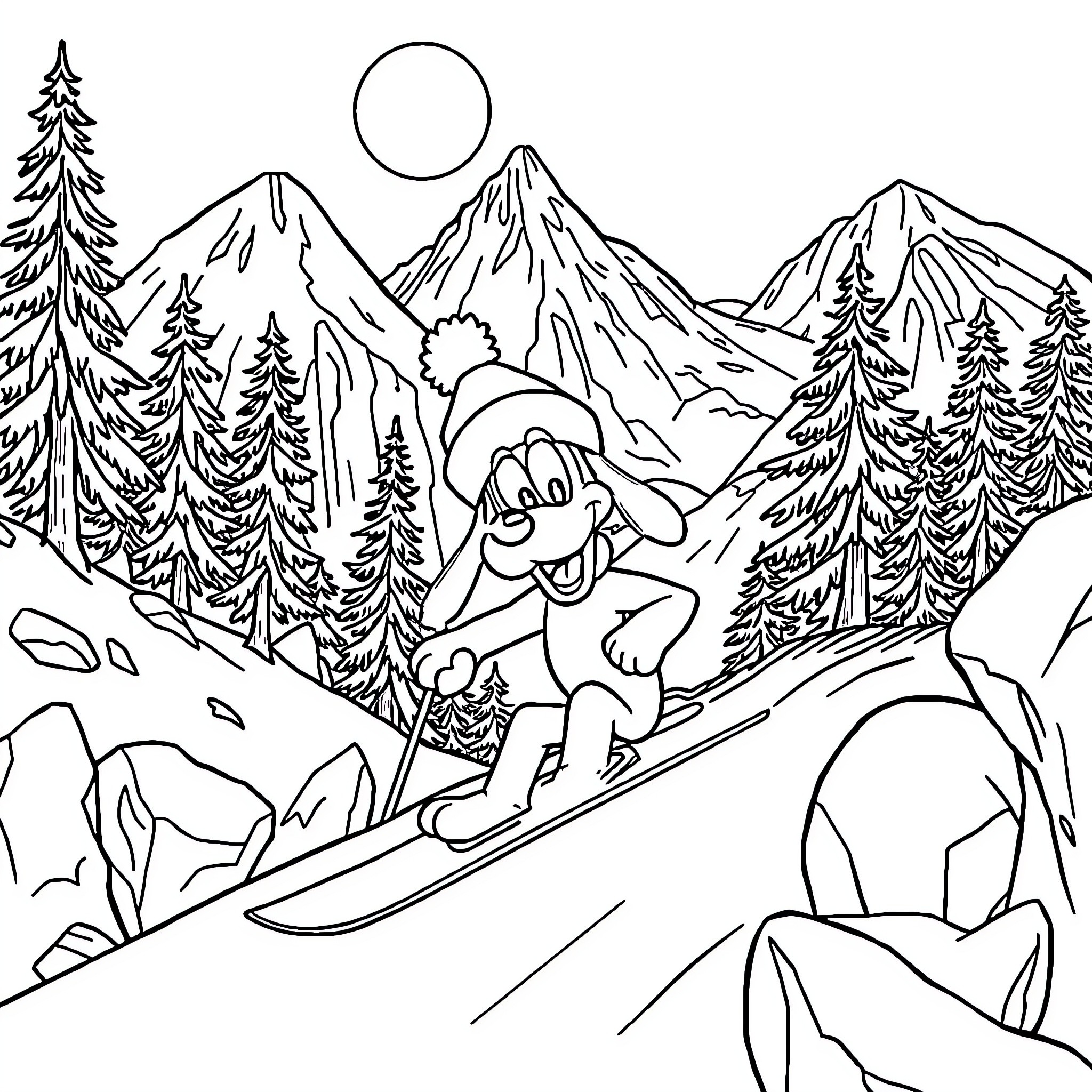 Pluto on an adventure in the snowy mountains Coloring Page (free black-and-white line drawing printable PDF for all, from beginners to advanced learners, including children, teens, adults, and seniors)