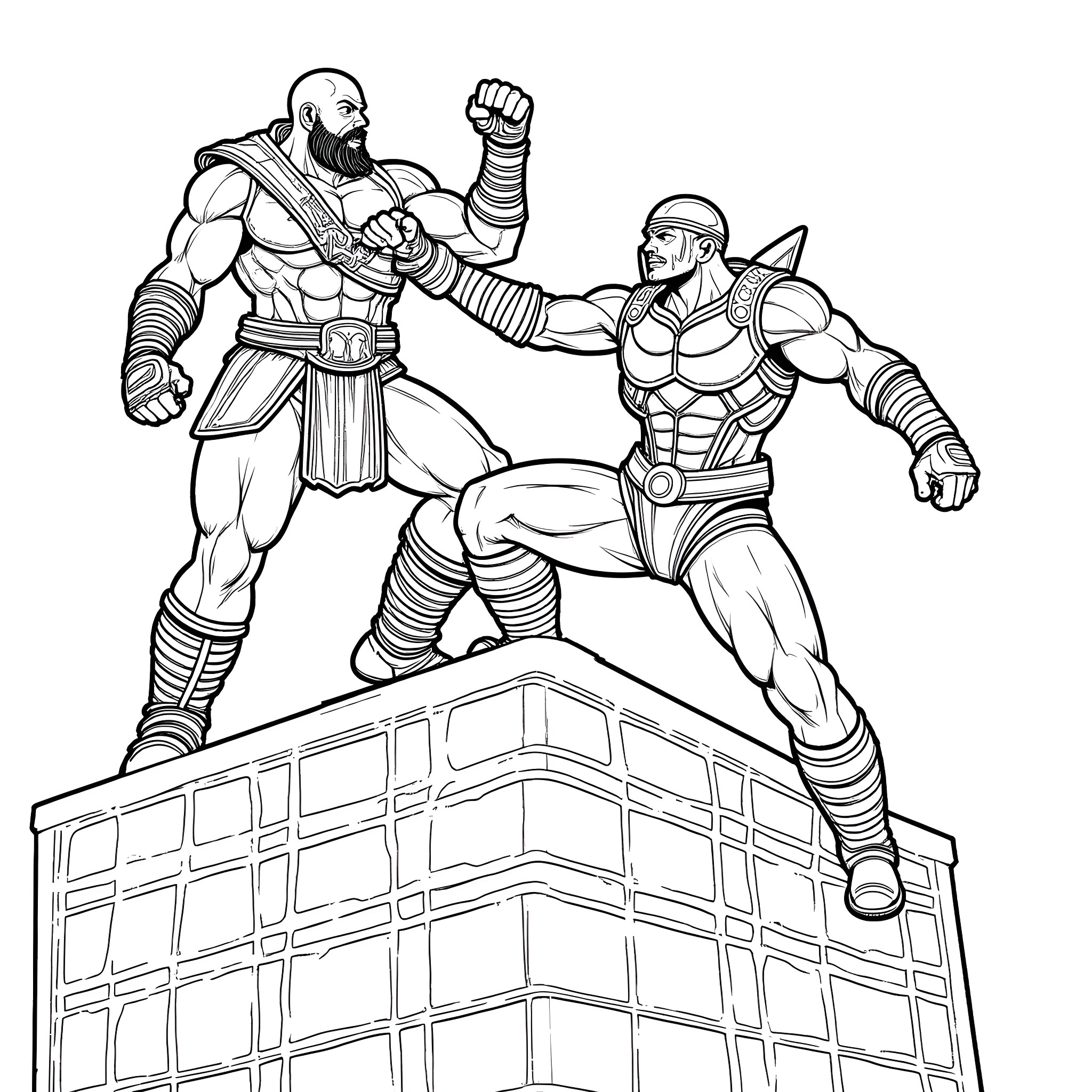 Kratos in Fierce Battle Against a Formidable Foe Coloring Page (free black-and-white line drawing printable PDF for all, from beginners to advanced learners, including children, teens, adults, and seniors)