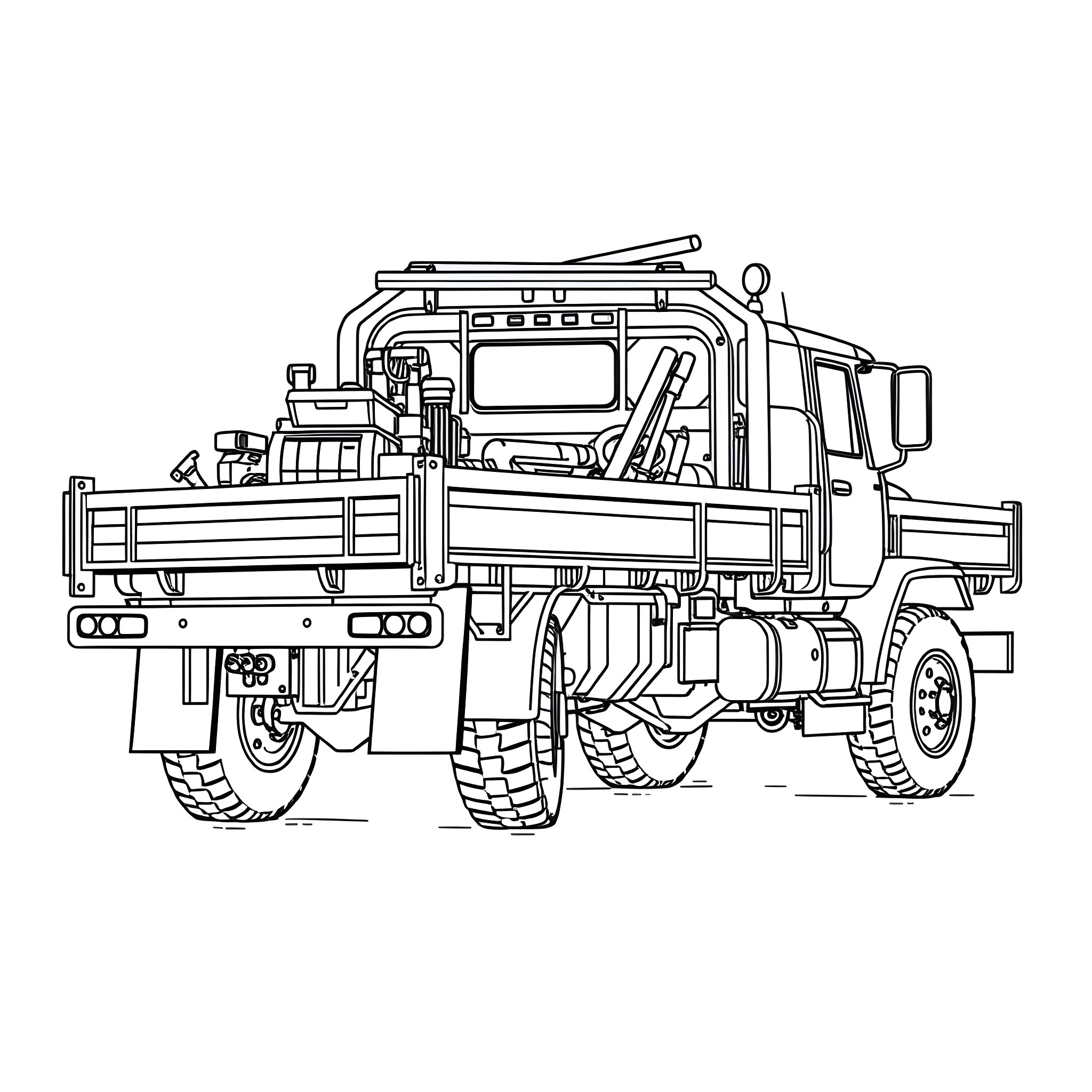 Flatbed truck with industrial equipment Coloring Page (free black-and-white line drawing printable PDF for all, from beginners to advanced learners, including children, teens, adults, and seniors)